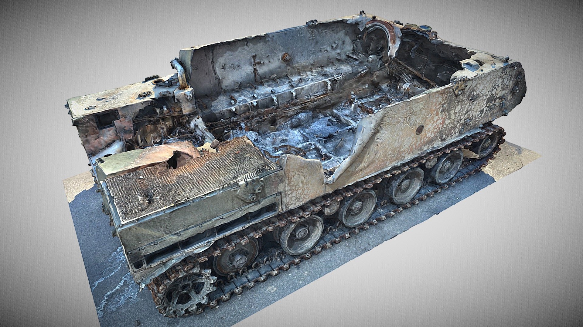 Destroyed russian military vehicles war crimes amid Russia's invasion.
As a part of the project #Standby Ukraine for saving and digitization heritage  in Ukraine and evidence of russian crime in Ukraine. 
The project has been launched of the team work of TOP PROJECT company and volunteers. Project coordinator, head of the company and 3D imaging scan by Vlad Tiunov 🇺🇦, 3D computing and texturing by Vitaly Yevsovich 🇺🇦, managing partner of the project Diana Hrynyuk 🇺🇦 - Destroyed russian military vehicles 3d model
