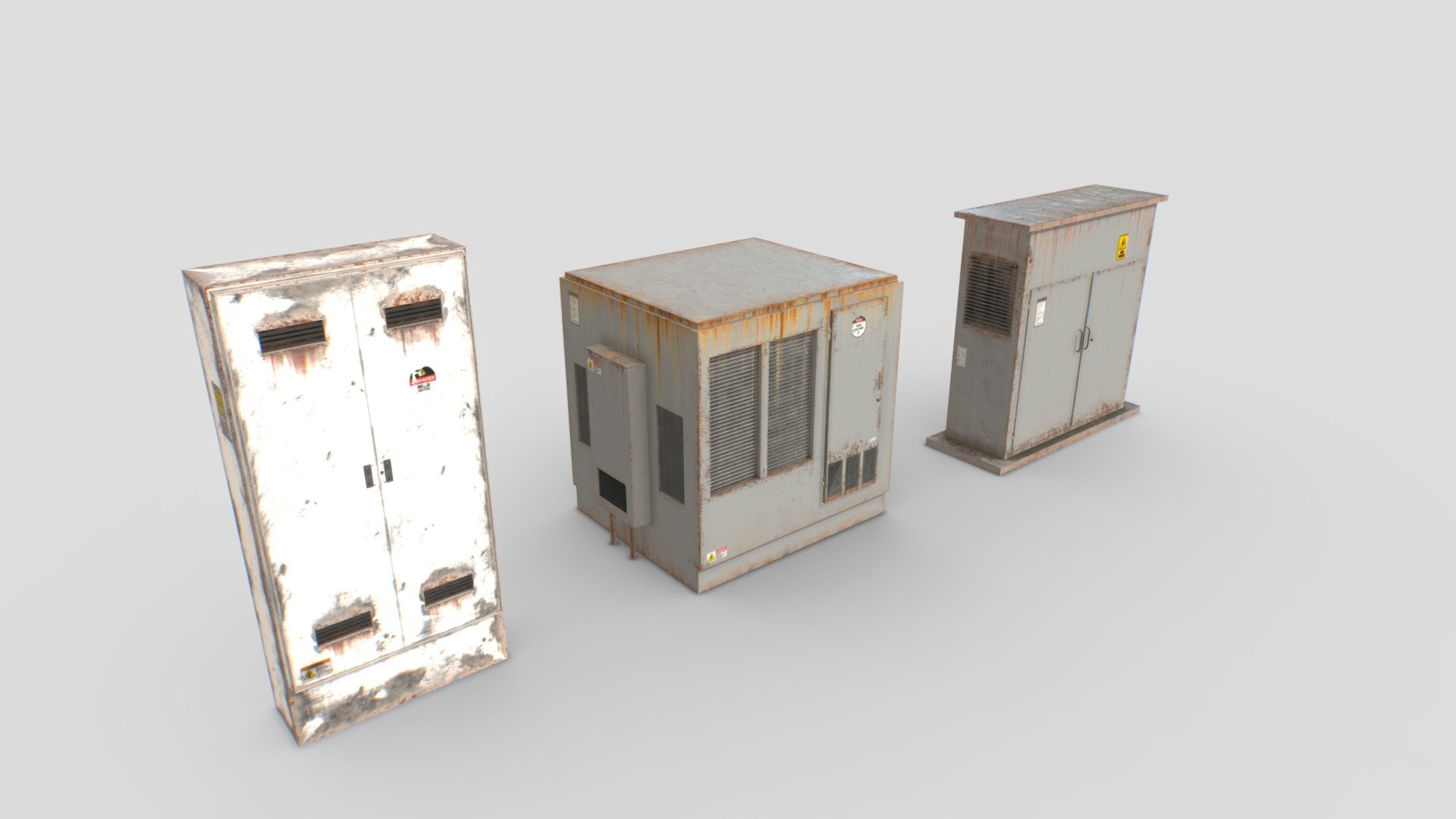 Old electrical box transformers. Real scale. 9 objects and 56 materials in total..

Comes with 3 sets of textures each with 4096x PBR textures including Albedo, Normal, Metalness, Roughness and AO. ARM mask texture included (ao, rough, metal) and also unity HDRP mask (M, A, D, S).

Total tris 14000. 8000 verts.

Suitable for apocalyptic games, stalker type, wastelands, old landscapes, etc. 3d model