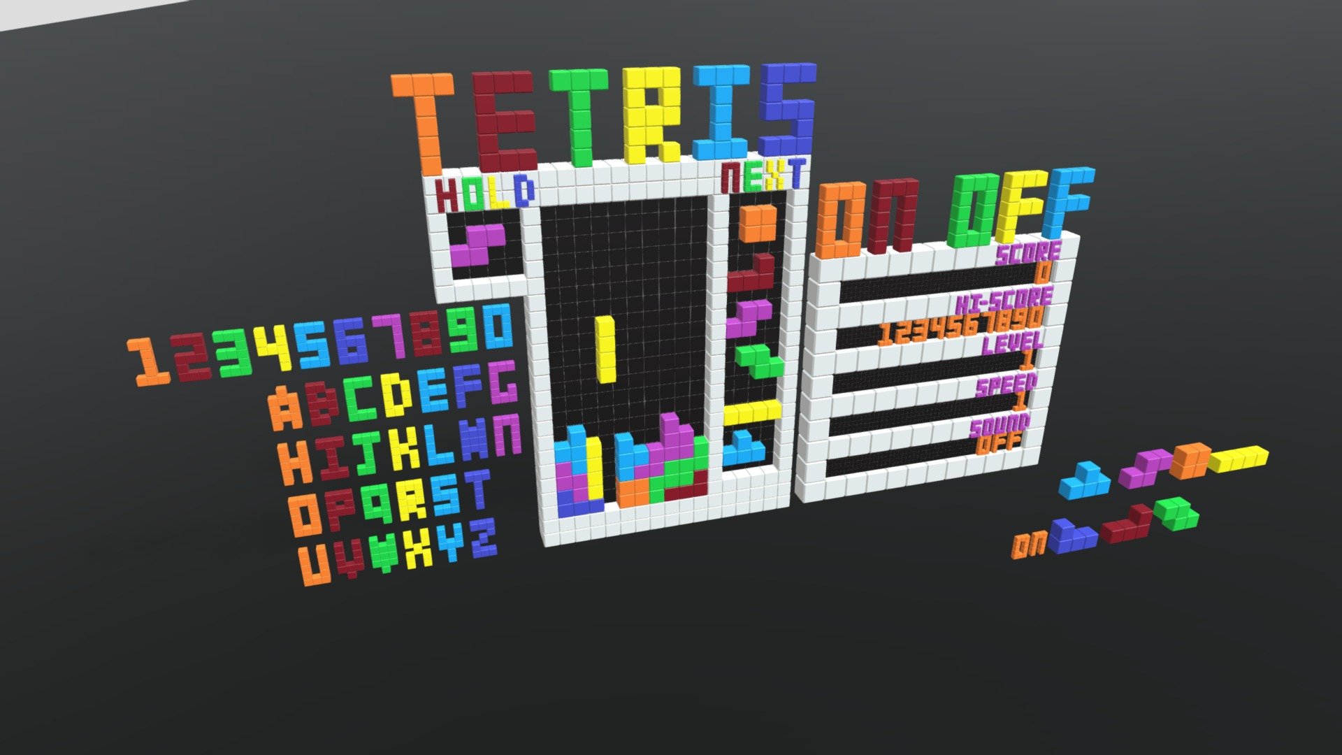 -Cartoon Tetris Bricks Scene.

-Vert: 54,335 poly: 52,971.

-This product contains 95 objects.

-Materials and objects have the correct names.

-This product was created in Blender 2.935.

-Formats: blend, fbx, obj, c4d, dae, abc, stl, glb,unity.

-We hope you enjoy this model.

-Thank you 3d model