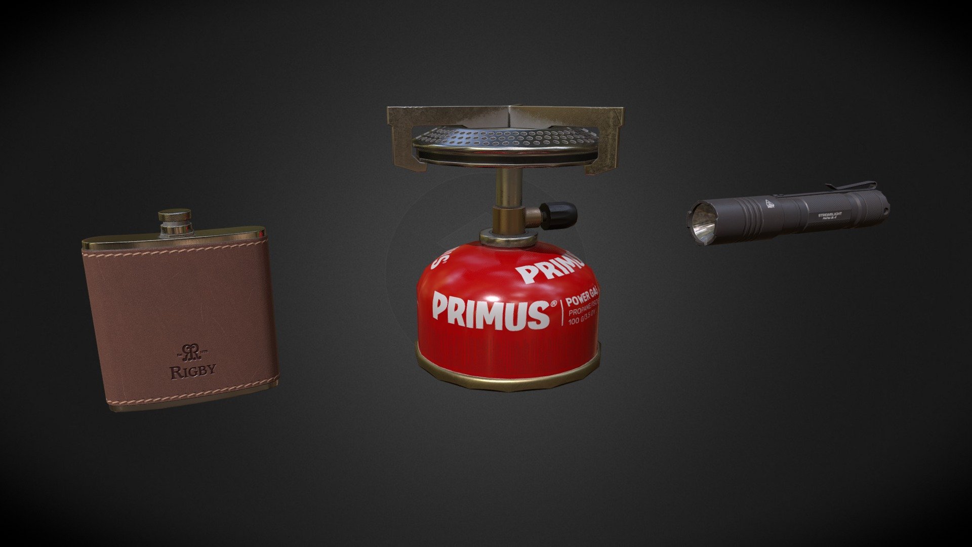 A Hip Flask, a Flashlight and a Trait Stove in Low Poly. Were made for an exam in 2,5 Days 3d model