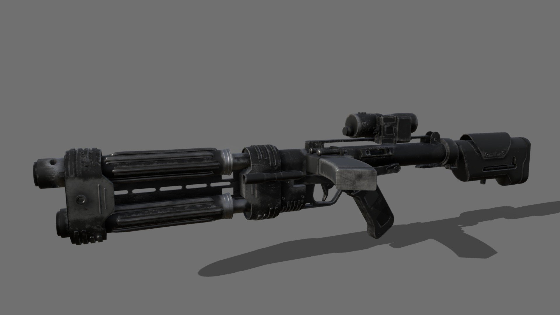 The E-22 Baster Rifle was primarily used and is famously known to be used by the Shoretroopers on the planet Scariff. It was their primary weapon, and is a variant of the well known E-11 Blaster Rifle/ Carbine. It has a double barrel attachment and a custom stock included within the weapon. 

This isn't game ready by any means, this is just the raw textures and model I used to make this weapon. You cannot make any changes, and you may use the model in a non-comercial use. This is purely for enjoyment and im not looking for compensation. Also please give credit if used in any projects and specifically ask for permission for anything more complicated in use. 

Follow for more models! - E-22 Blaster Rifle - Download Free 3D model by CodesterCody 3d model