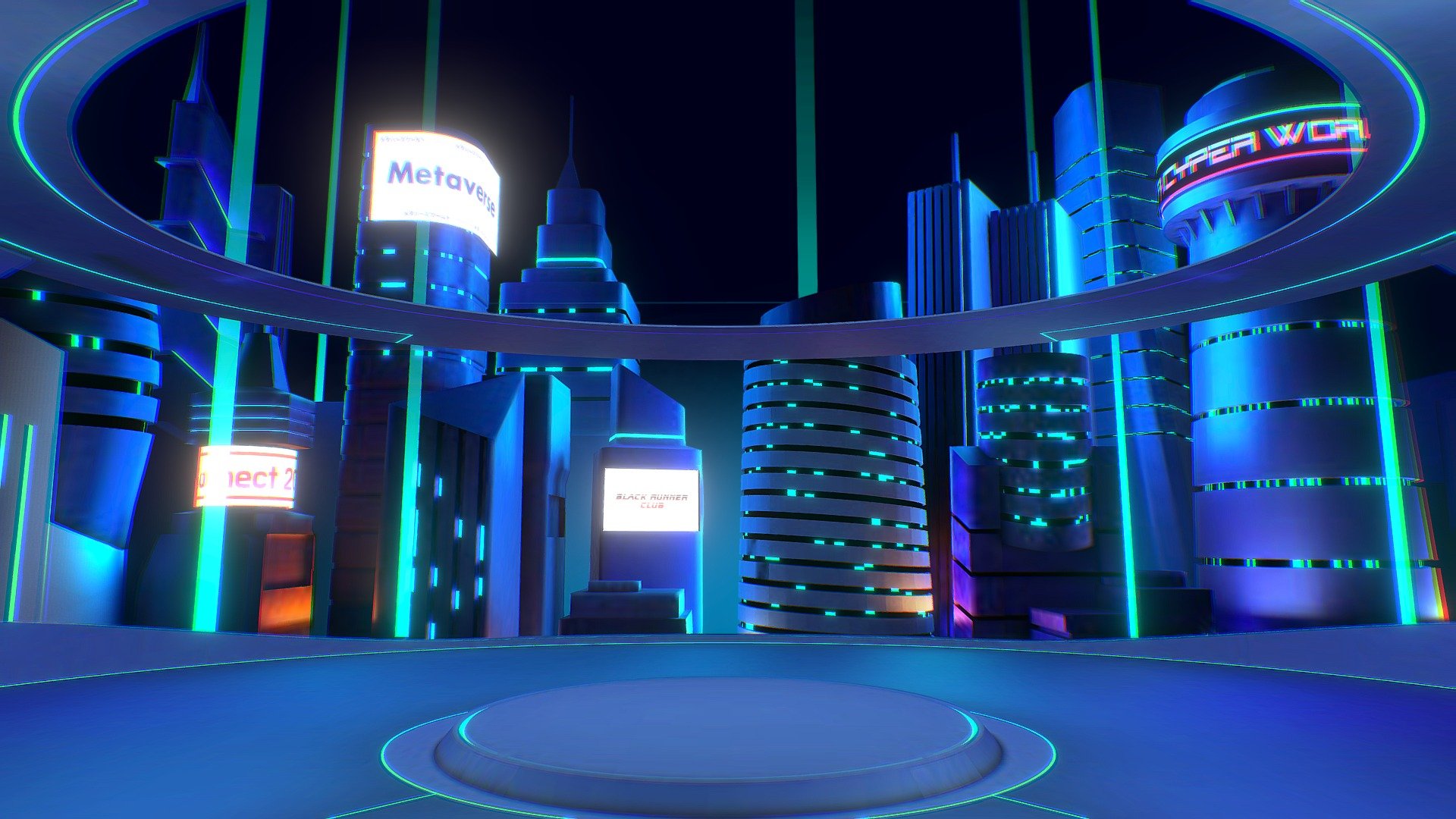 Stage platform in a scifi &amp; cyberpunk style plaza. Lights and some of the billboards are animating, giving the scene more metaverse style looks.

The scene is suit for all kinds of virtual events or online gatherings. 

⚡️ Albedo textures baked, no lighting needed in your engine.

📦 You could get the original Blender file from the attach file with buildings' geometries unmerged seperately. 

🌁 If you download the scene with GLTF format file, the billboards images on those buildings could be replaced directly in the gltf folder, without editing them in 3D softwares 3d model