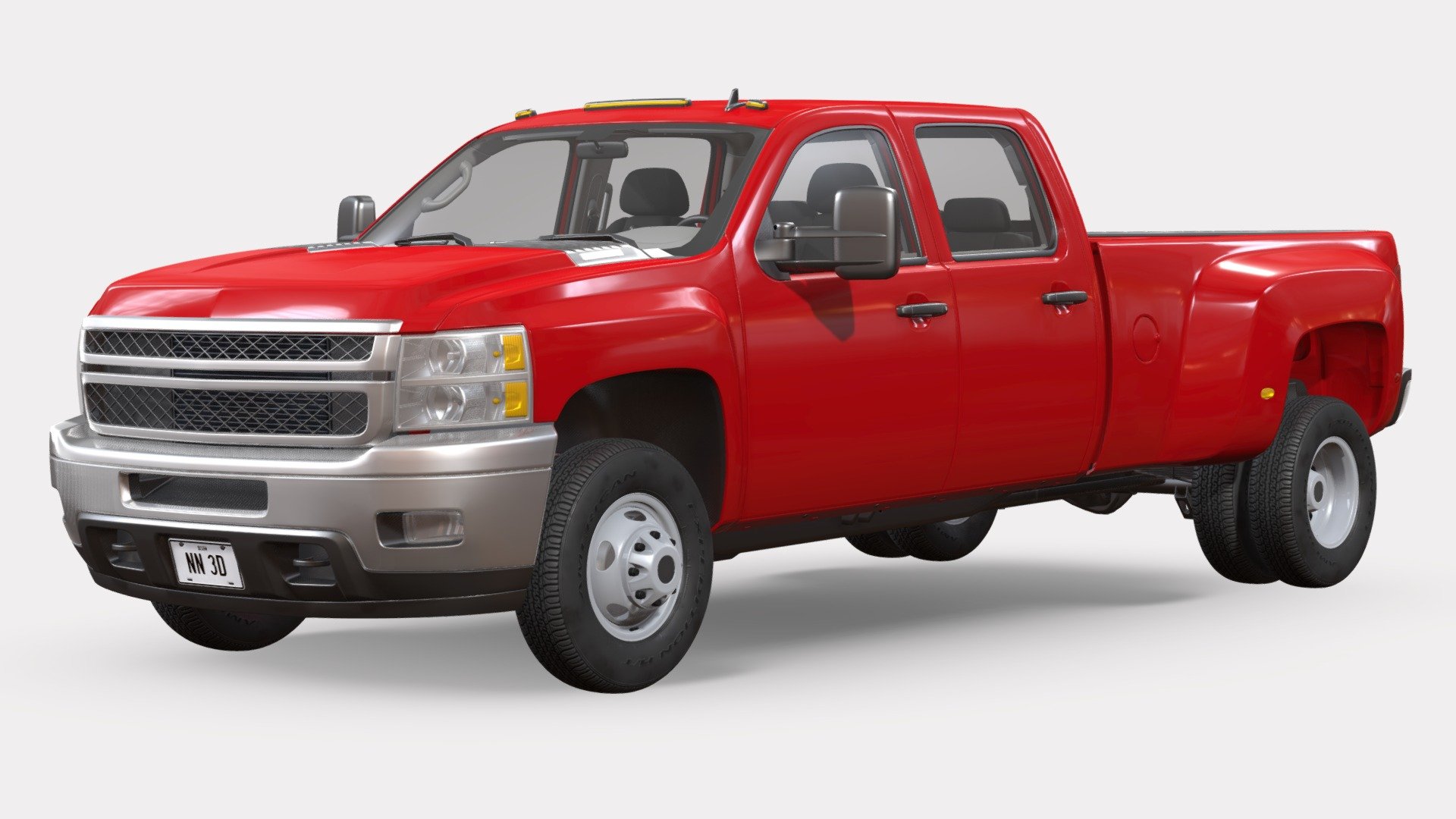NN 3D store.

3D model of a modern dually crew cab pickup truck.

The truck's high detail exterior is great for close up renders, the cabin, chassis and drivetrain have been extensively detailed for close range shots.

The model was created with 3DS Max 2016 using the open subdivision modifier which has been left in the stack to adjust the level of detail.

There are also included HI and LO poly versions in Blender format with textures.

Exchange files included: FBX, OBJ and 3DS, all with HI and LO subdivision versions.

SPECIFICATIONS:

The model has 177.000 polygons with subdivision level at 0 and 707.000 at level 1.

Renderer: V Ray.

The model is fully textured and UV mapped with diffuse, bump, roughness and specular maps.

All materials and textures are included and mapped in all files, settings might have to be adjusted depending on the software you are using.

Textures are in JPG format with 4096x4096, 2048x2048 and 512x512 resolution 3d model