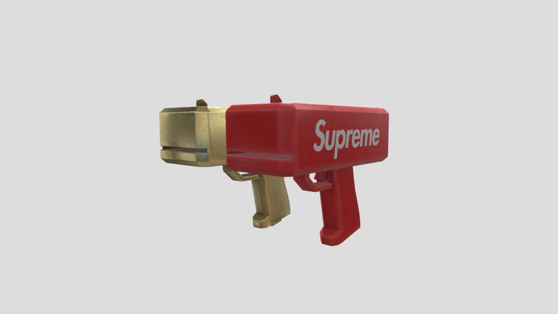 This money Gun comes in two different varients, a Traditional Supreme Version and a gold version. The model is also modeled prmitively on the interior so the lid can open up. The mesh is Viewable from all angles and distances.

This Includes:

The mesh (Red, Gold)
2K and 1K Texture Sets (Albedo, Metallic, Roughness, Normal, Height)
2 Variants (Red, Gold)
The mesh is UV Unwrapped with vertex colors for easy retexturing 3d model