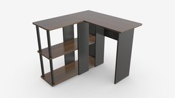 L-shape Desk with Bookshelf device, wooden, shelf, work, desk, surface, corner, desktop, table, bookshelf, writing, workspace, workplace, 3d, pbr, design, lshape