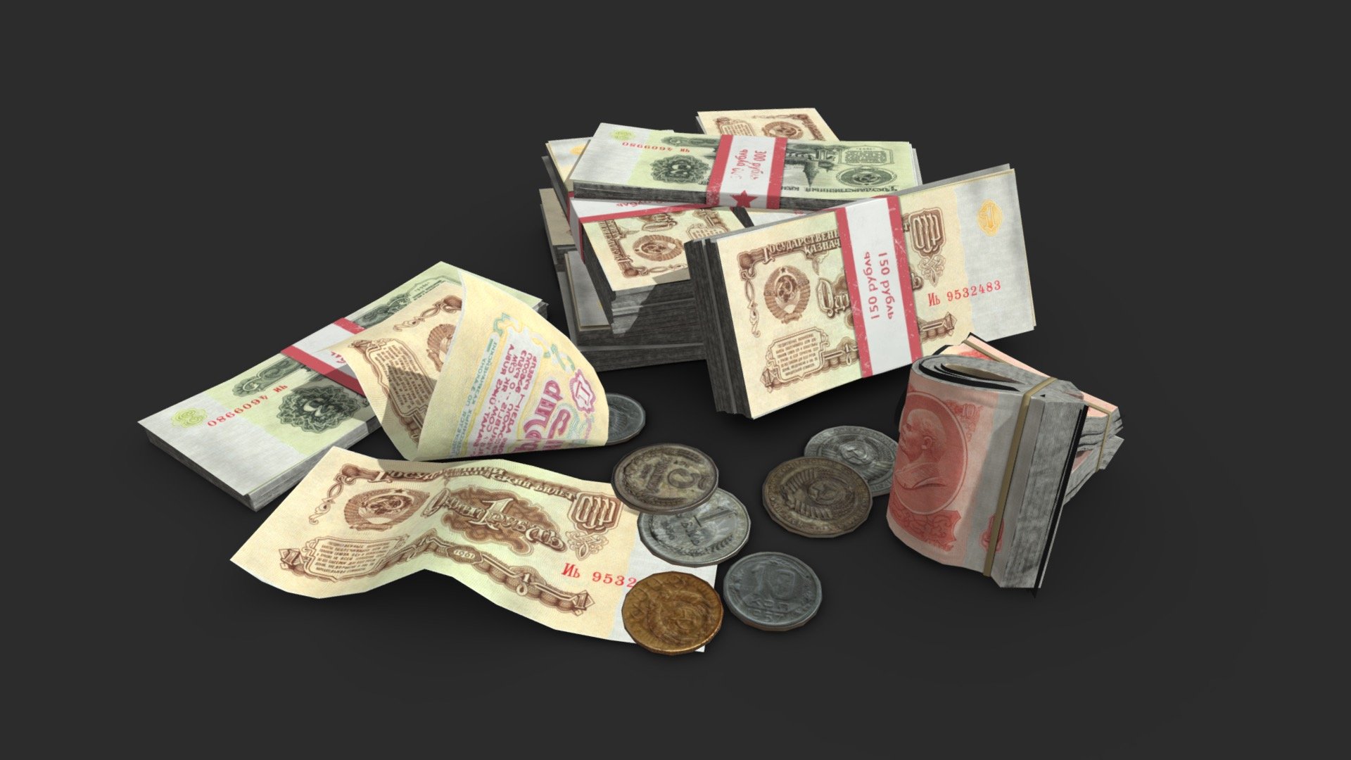 This old Soviet Rubble money loots including banknotes and coins includes 22 objects :




10 individuals banknotes (in 2 values)

4 different coins

3 banknote stacks

The assets can be used in any game (post-apocaliptic, first or third person, GTA like, survival… ). All objects share a unique material for the best optimization for games.

Those AAA game assets pack of money loots will embellish your scene and add more details which can help the gameplay, the game design or the level design.

All textures are PBR ready and available in 4K.

Low-poly model &amp; Blender native 3.1

SPECIFICATIONS




Objects : 22

Polygons : 4541

GAME SPECS




LODs : Yes (inside FBX for Unity &amp; Unreal)

Numbers of LODs : 2

Collider : No

EXPORTED FORMATS




FBX

Collada

OBJ

TEXTURES




Materials in scene : 1

Textures sizes : 4K

Textures types : Base Color, Metallic, Roughness, Normal (DirectX &amp; OpenGL), Heigh &amp; AO (also Unity &amp; Unreal ARM workflow maps)

Textures format : PNG
 - Money Loot - Soviet Rubbles - Buy Royalty Free 3D model by KangaroOz 3D (@KangaroOz-3D) 3d model