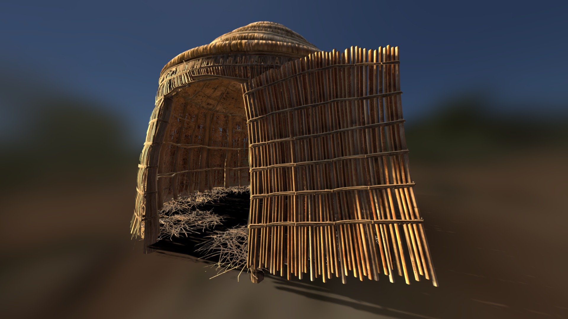 ⚠️looks bad in sketchfab if alpha texture is not loaded completely or looking from far inside sketchfab⚠️
Lapa hut, little bit old school, with every material being reusable/modular/seamless.
Every texture made in substance designer 3d model