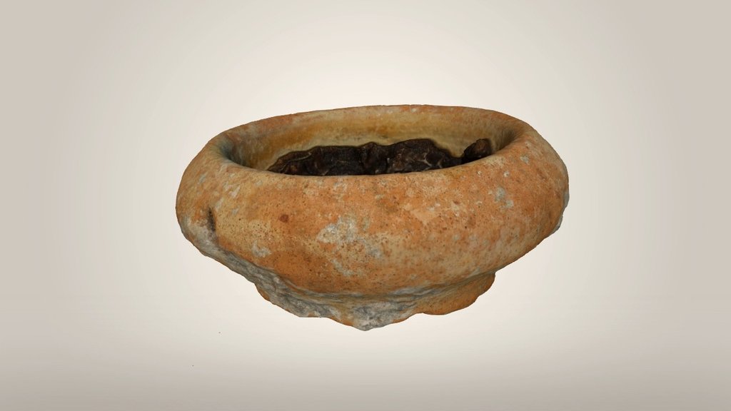 Olive Jar Rim #BAH1993-1474. Spanish colonial era ships frequently carried amphora-like earthenware jugs called “olive jars” (botijas in Spanish) to hold wine, oil, &amp; vinegar. These egg-shaped jars were roughly 50 centimeters tall by 30-40 cm in diameter. The St. Johns Wreck, believed to be that of the 1564 galleon Santa Clara, carried at least 130 olive jars; most broke when the ship wrecked – we only know the number by tallying the surviving rims. This rim has an outside diameter of 9.2 cm, and stands 4 cm tall. The mouth was sealed with pine resin or pitch, some of which has survived 3d model