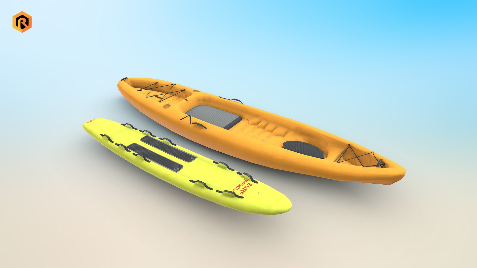 High-quality low poly models of Lifeguard Accessories. There are Kayak and Rescue Board included.

It is best for use in games and other real time applications.

Model is built with great attention to details and realistic proportions with correct geometry.

Textures are very detailed so it makes this model good enough for close-ups. 

Kayak technical details: 




2255 Triangles 

1224 Polygons 

1231 Vertices 

Rescue Board technical details: 




935 Triangles 

509 Polygons 

607 Vertices 

General technical details: 




Model completely unwrapped. 

Model is fully textured with all materials applied.  

Pivot points are correctly placed to suit animation process. 

Model scaled to approximate real world size (centimeters). 

All nodes, materials and textures are appropriately named.
 - Lifeguard Accessories - Buy Royalty Free 3D model by Rescue3D Assets (@rescue3d) 3d model