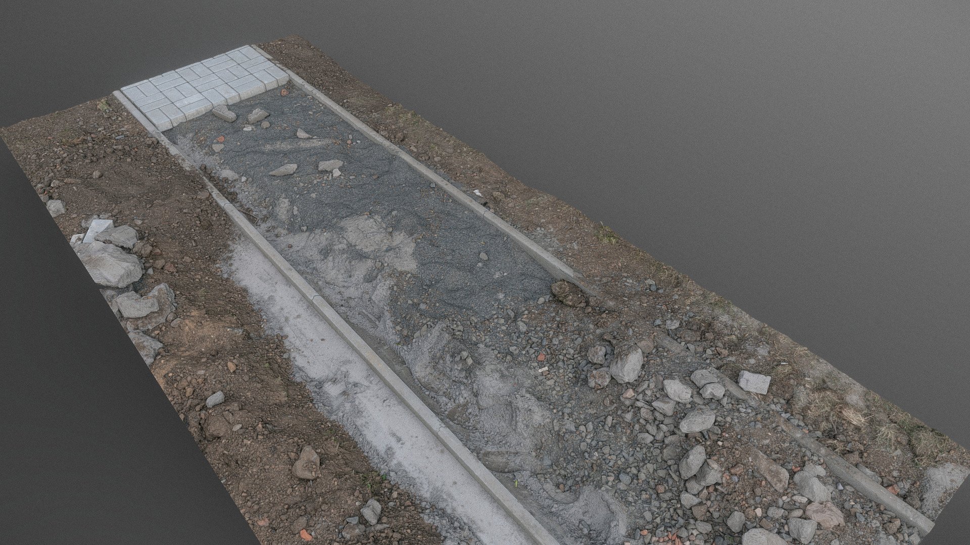 Sidewalk pavement construction site, concrete base with lock tiles building ground earth work, dug-out trench ditch, technical site inspection

Photogrammetry scan 210 x 36MP, 5x8K textures + HD normals - Sidewalk construction - Buy Royalty Free 3D model by matousekfoto 3d model