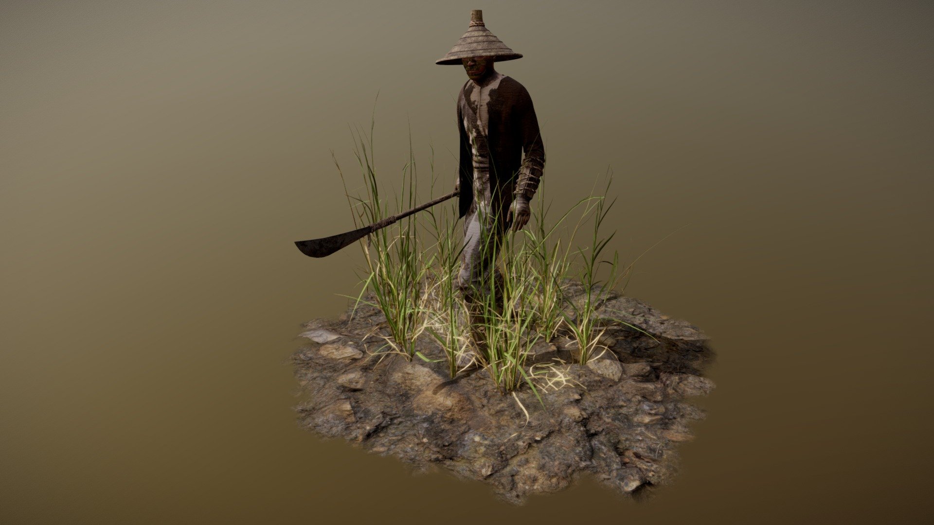 Character concept based of a rice farmer that had to take up arms and defend his land. Look and feel of the design based on Sekiro Shadows Die Twice. This was an exploratory project to go through a Maya-Marvelous Designer-ZBrush work flow. 

Base character and props modeled in Maya, clothing created in Marvelous designer, sculpted detail in Zbrush, tetxured in Substance Painter, rendered using V-Ray, and composite done using Photoshop. Environment props pulled from Megascans.

Character concept created by Dustin Tran (https://www.artstation.com/dustran) 3d model