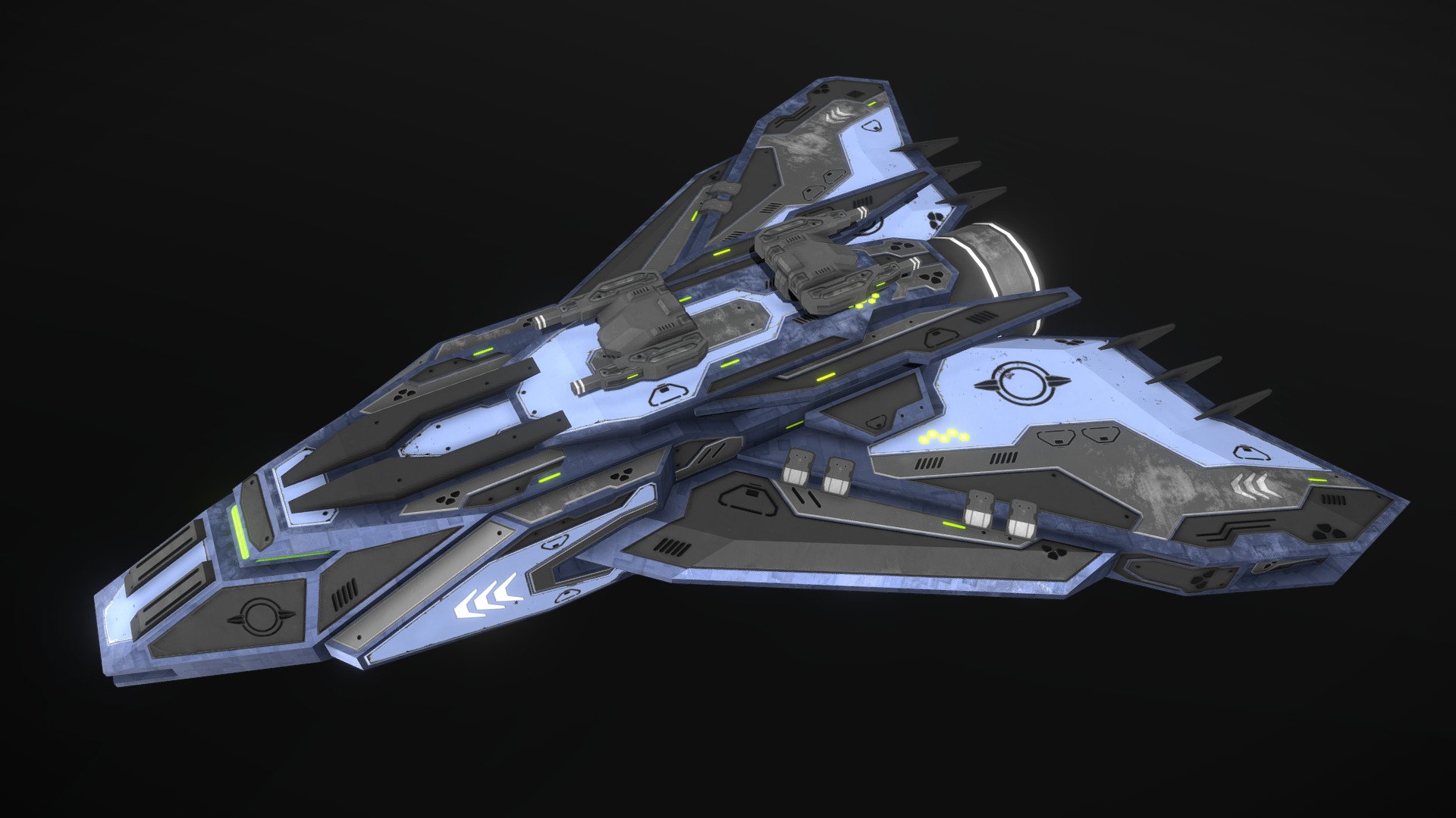 This is a model of a low-poly and game-ready scifi spaceship. 

The weapons are separate meshes and can be animated with a keyframe animation tool. The weapon loadout can be changed too. 

The model comes with several differently colored texture sets. The PSD file with intact layers is included.

If you have purchased this model please make sure to download the “additional file”.  It contains FBX and OBJ meshes, full resolution textures and the source PSDs with intact layers. The meshes are separate and can be animated (e.g. firing animations for gun barrels, rotating turrets, etc) 3d model