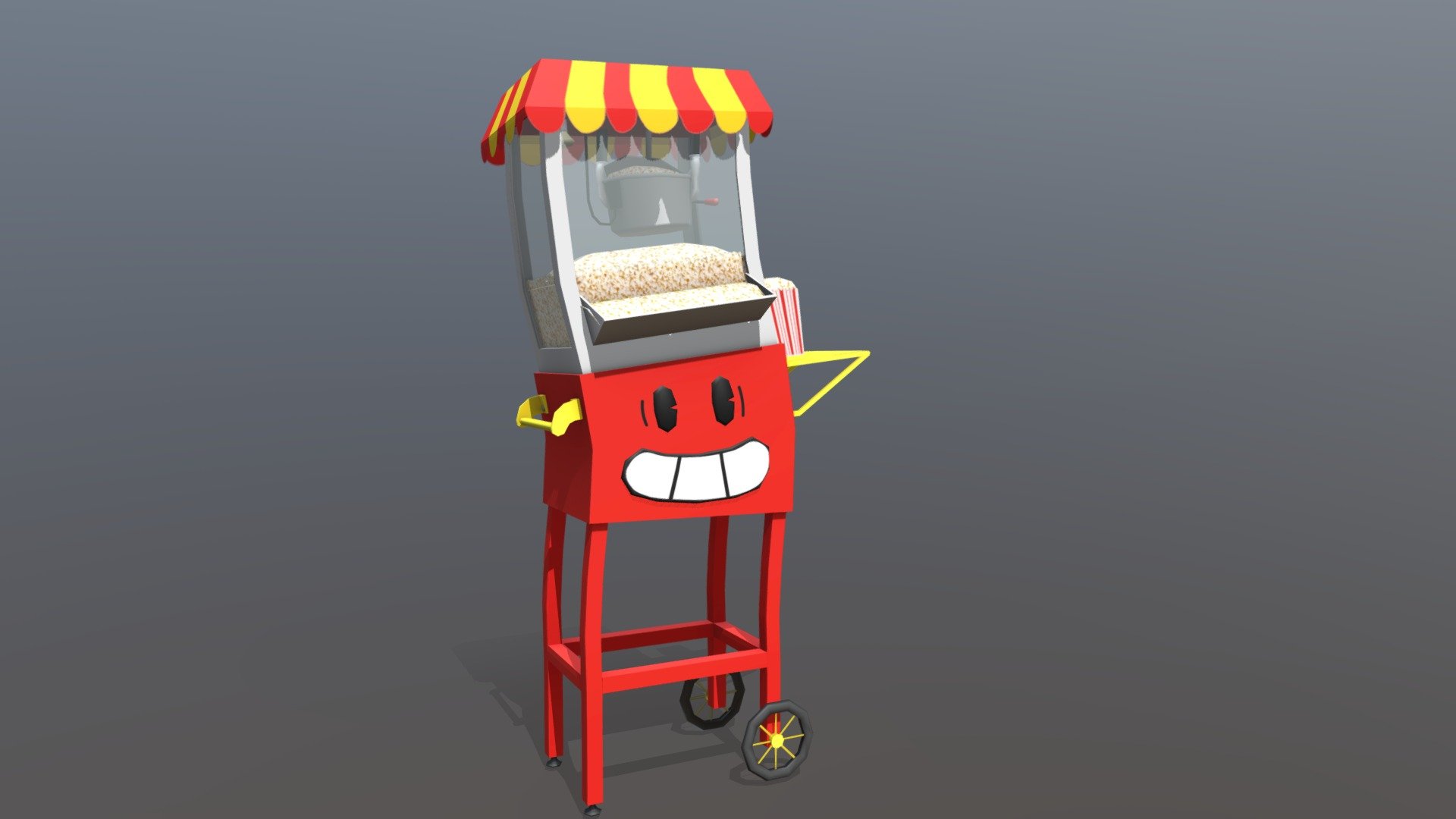 For the Toon Diner Rax and I are making

I spent much more time trying to animate it than making the model itself

Smooth shading the the popcorn container messed up the shading so I left it as is

For some reason the bind pose is gone - Toon Popcorn Cart - 3D model by GREENCAT (@GREENCAT1337) 3d model