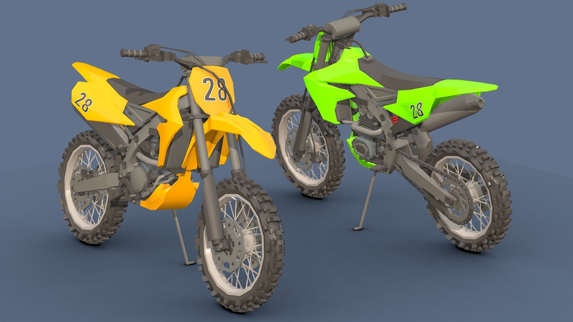 Low-Poly Motorcycle # 9.

You can use these models in any game and project.

This model is made with order and precision.

The color of the body and wheels can be changed.

Separated parts (body_wheel _steer_jack).

Very low poly.

Average poly count: 23/000 Tris.

Texture size: 128/256 (PNG).

Number of textures: 1.

Number of materials: 2.

Format: fbx, obj, 3d max 3d model