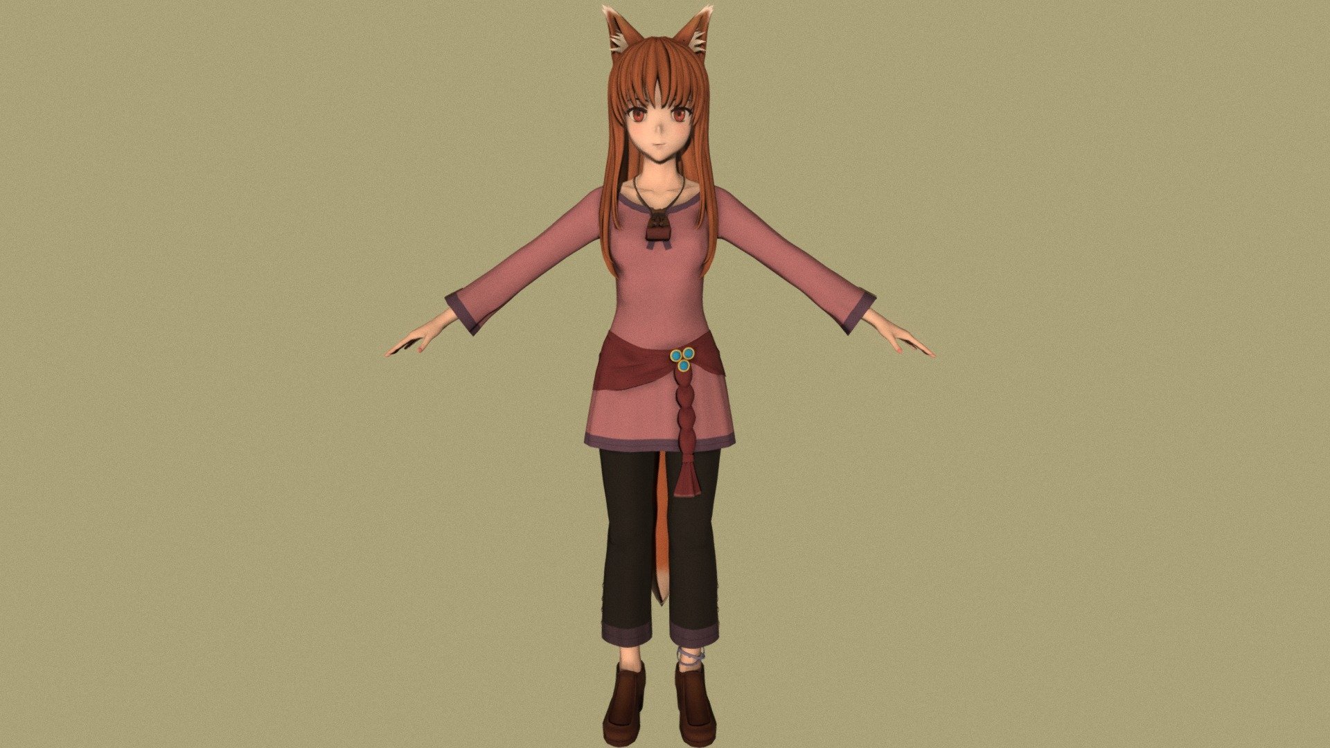T-pose rigged model of anime girl Horo (Spice and Wolf).

Body and clothings are rigged and skinned by 3ds Max CAT system.

Eye direction and facial animation controlled by Morpher modifier / Shape Keys / Blendshape.

This product include .FBX (ver. 7200) and .MAX (ver. 2010) files.

3ds Max version is turbosmoothed to give a high quality render (as you can see here).

Original main body mesh have ~7.000 polys.

This 3D model may need some tweaking to adapt the rig system to games engine and other platforms.

I support convert model to various file formats (the rig data will be lost in this process): 3DS; AI; ASE; DAE; DWF; DWG; DXF; FLT; HTR; IGS; M3G; MQO; OBJ; SAT; STL; W3D; WRL; X.

You can buy all of my models in one pack to save cost: https://sketchfab.com/3d-models/all-of-my-anime-girls-c5a56156994e4193b9e8fa21a3b8360b

And I can make commission models.

If you have any questions, please leave a comment or contact me via my email 3d.eden.project@gmail.com 3d model
