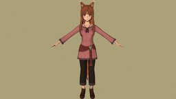 T pose rigged model of Horo cute, holo, teenage, teen, woman, horo, anime-girl, spice-and-wolf, wolf-girl, girl, creature, anime, wolf, rigged, wolf-ears, wolf-tail