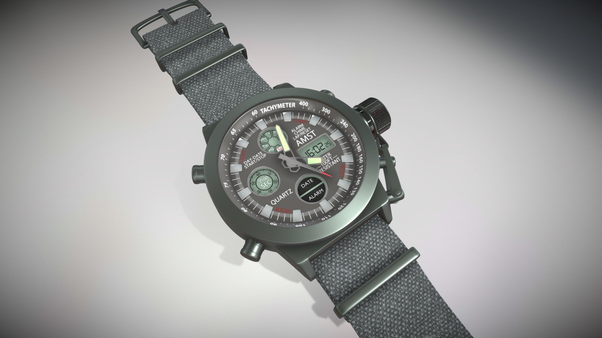 AMST 3003 dual chronograph watch on canvas Nato strap. Modeled in Blender 3d model