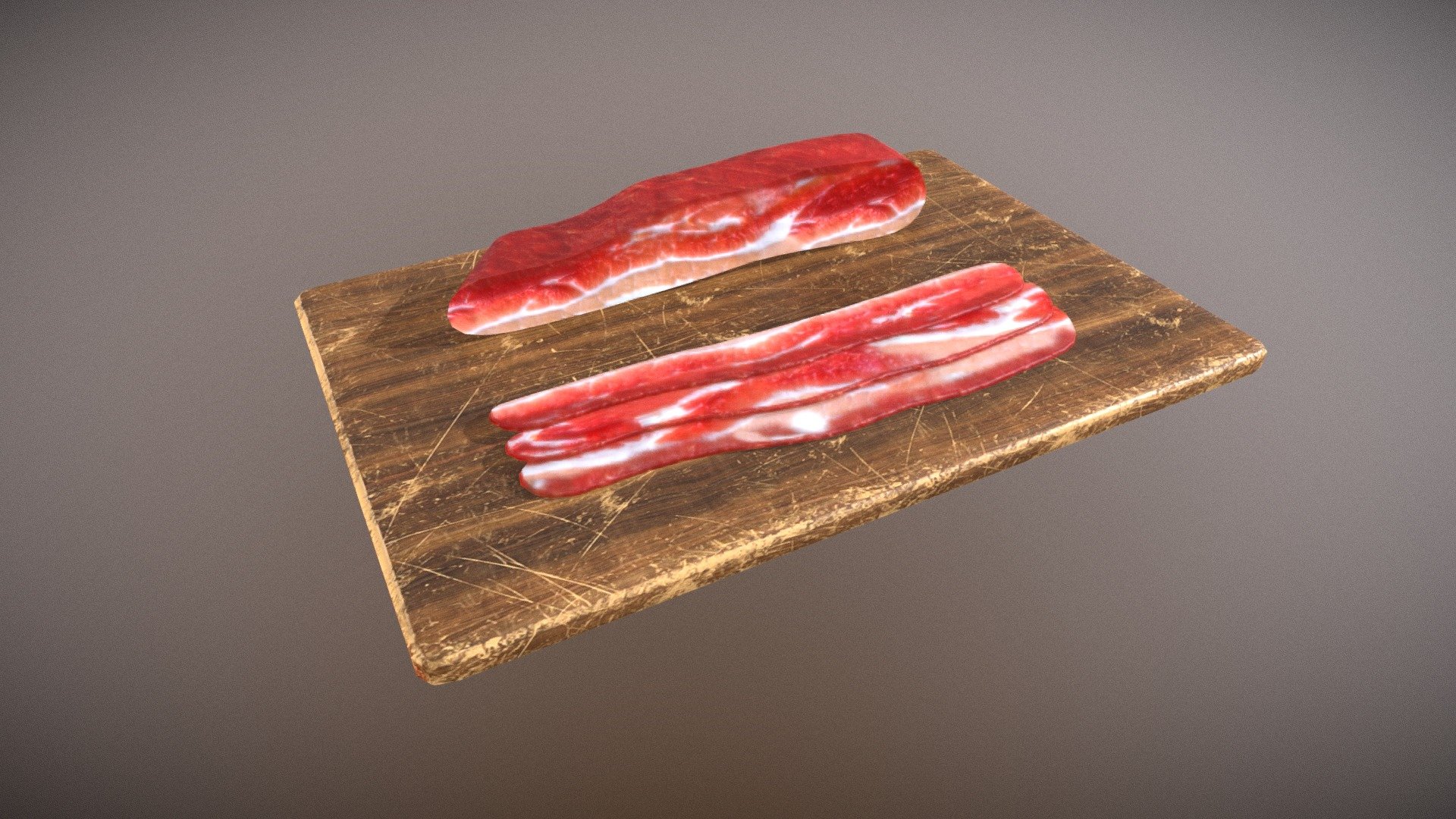 Bacon and Slices on Cutting Board 3D Model PBR Texture

Each single Strip: Verts: 258 Poly: 512 Large Chunk: Verts: 546 Poly: 1088 Board: Verts: 1432 Poly: 220

Entire Mesh: Verts: 2752 Poly: 2844 - Bacon Platter - Buy Royalty Free 3D model by GetDeadEntertainment 3d model
