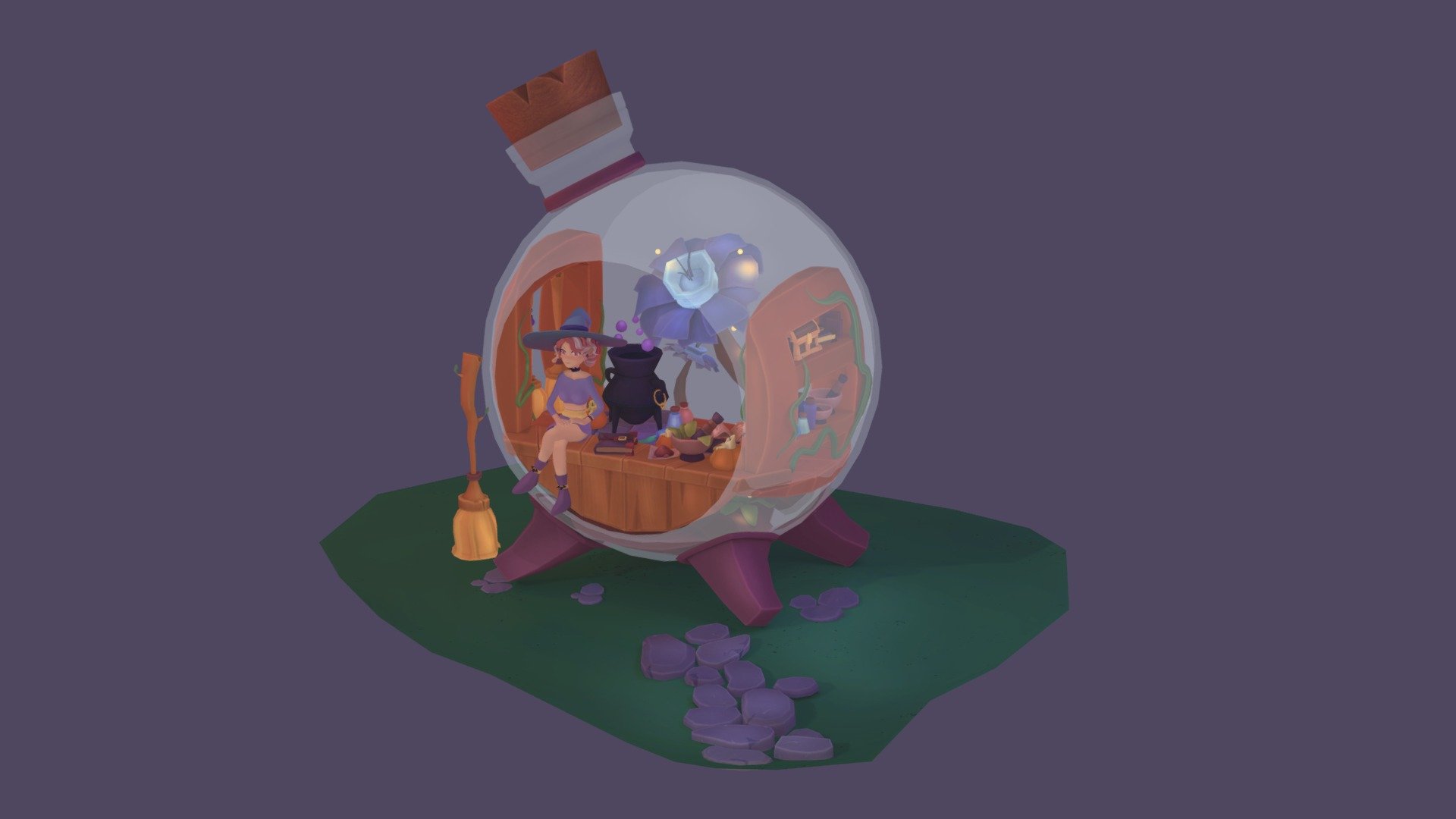 It's a cute magical bottle known as the Magic Shop. 
The Blender simulation software was used. 
Texture painted in 3D Coat, SubstancePainter, Photoshop (HandPaint)
This is a scene made for Halloween 2022 3d model