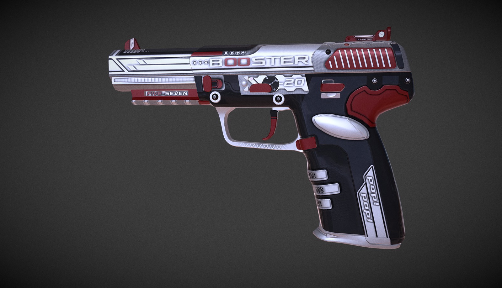 New pistol skin styled after cartoonish sci-fi. Inspirations from multiple skins from the workshop and in-game with my own personal touch and design. Wanted to keep things tighty and balanced while still providing a crisp clean design.

Steam Workshop Link: http://steamcommunity.com/sharedfiles/filedetails/?id=928963734 - Five-Seven | Power Booster - 3D model by ArchwayJones (@nubbyboy1) 3d model