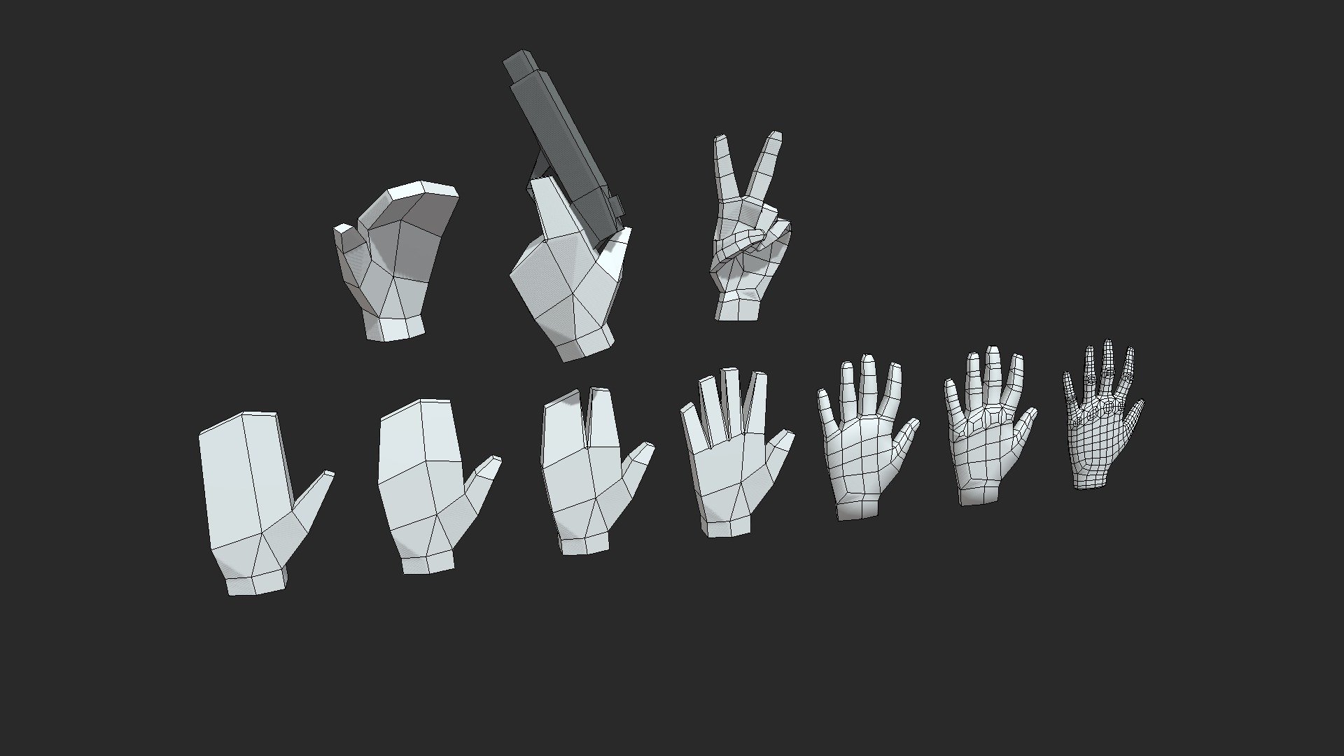 lowpoly human hand meshes, no textures, no uv unwrapping done 3d model