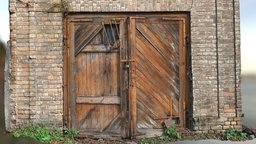 Brick Wall with a large Wooden Gate gate, wooden, brick, soviet, old, large, derelict, 3d, scan, wood, wall