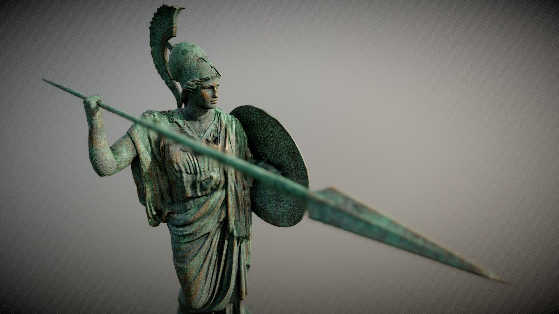A recreation of the Athena Promachos.  The original was destroyed long ago, so I recreated this from examples of other statues of Athena based on the descriptions of the original statue.

The model was modeled based on two scans of other statues.

Thanks to Cosmo Wenman for the Athena of Velettri found here&hellip;
https://www.thingiverse.com/thing:196039

and thanks to Jerry Fisher for his Minerva Giustiniani found here&hellip;
https://www.thingiverse.com/thing:737349

I modeled the and retopologized the statue from those sources in zbrush and painted the textures in Substance Painter 3d model