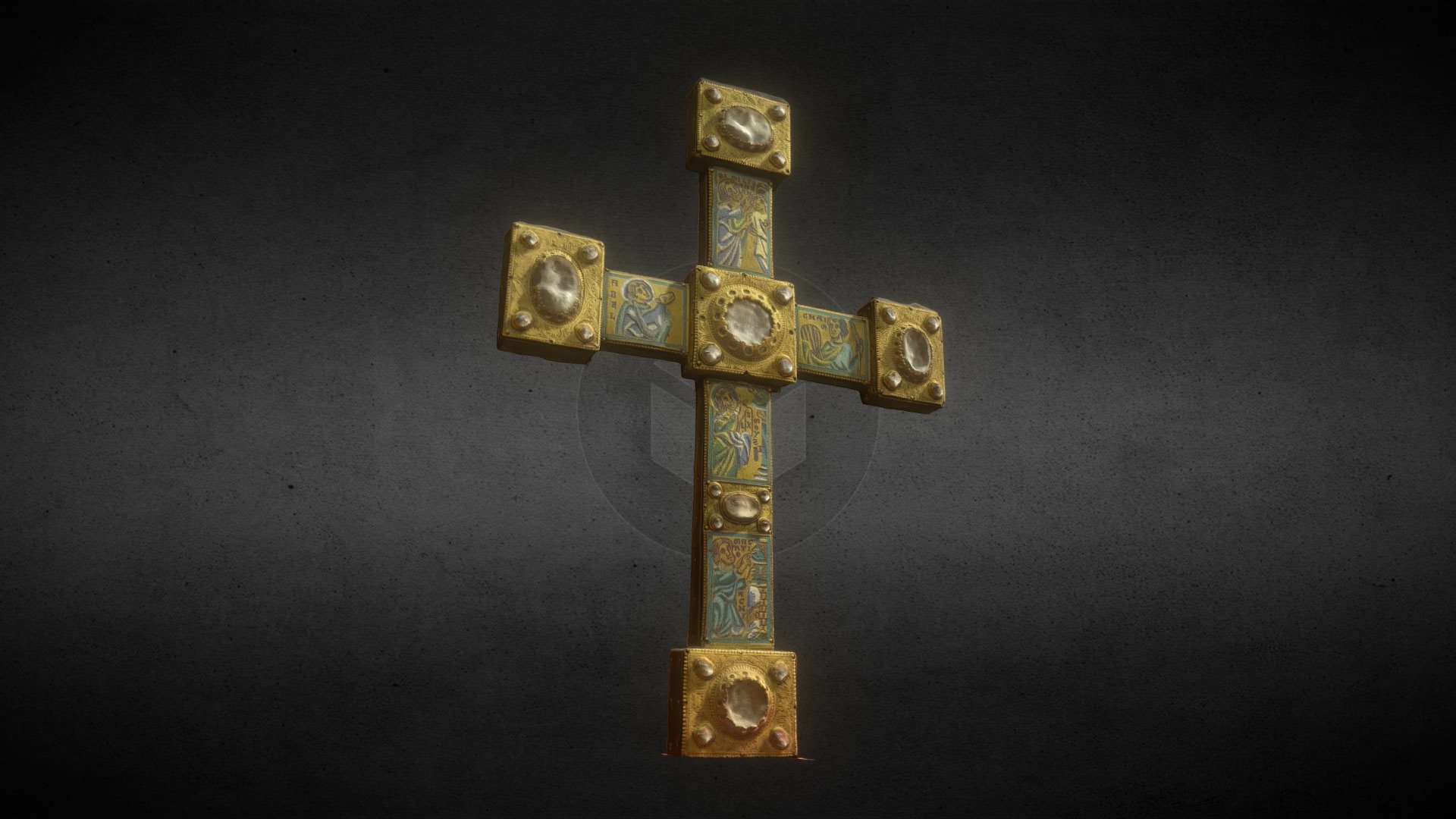 Typological cross, Mosan workshop, around 1150-1175, Soul of wood, champleved enamels, silver and copper engraved and gilded, plates of silver, rock crystal cabochons. Musée du Cinquantaire (Brussels, Belgium). Made with ReMake and ReCap Pro from AutoDesk.

This cross, remarkably preserved, is part of an important series so-called typological crosses. It is adorned with champleve emulsion prefiguring the sacrifice of Christ on the Cross: the offering of Cain and Abel, Aaron inscribing on the front of the Israelites the tau sign (formal prefiguration of the cross), the brazen serpent, the inscription of the sign tau at the gate of houses. The typological symbolism consists of going to search in the Old Testament of prophetic events announcing major episodes
Gospels. This theological process was a source of inspiration constant for Mosan artists.

For more updates, please consider to follow me on Twitter at @GeoffreyMarchal 3d model