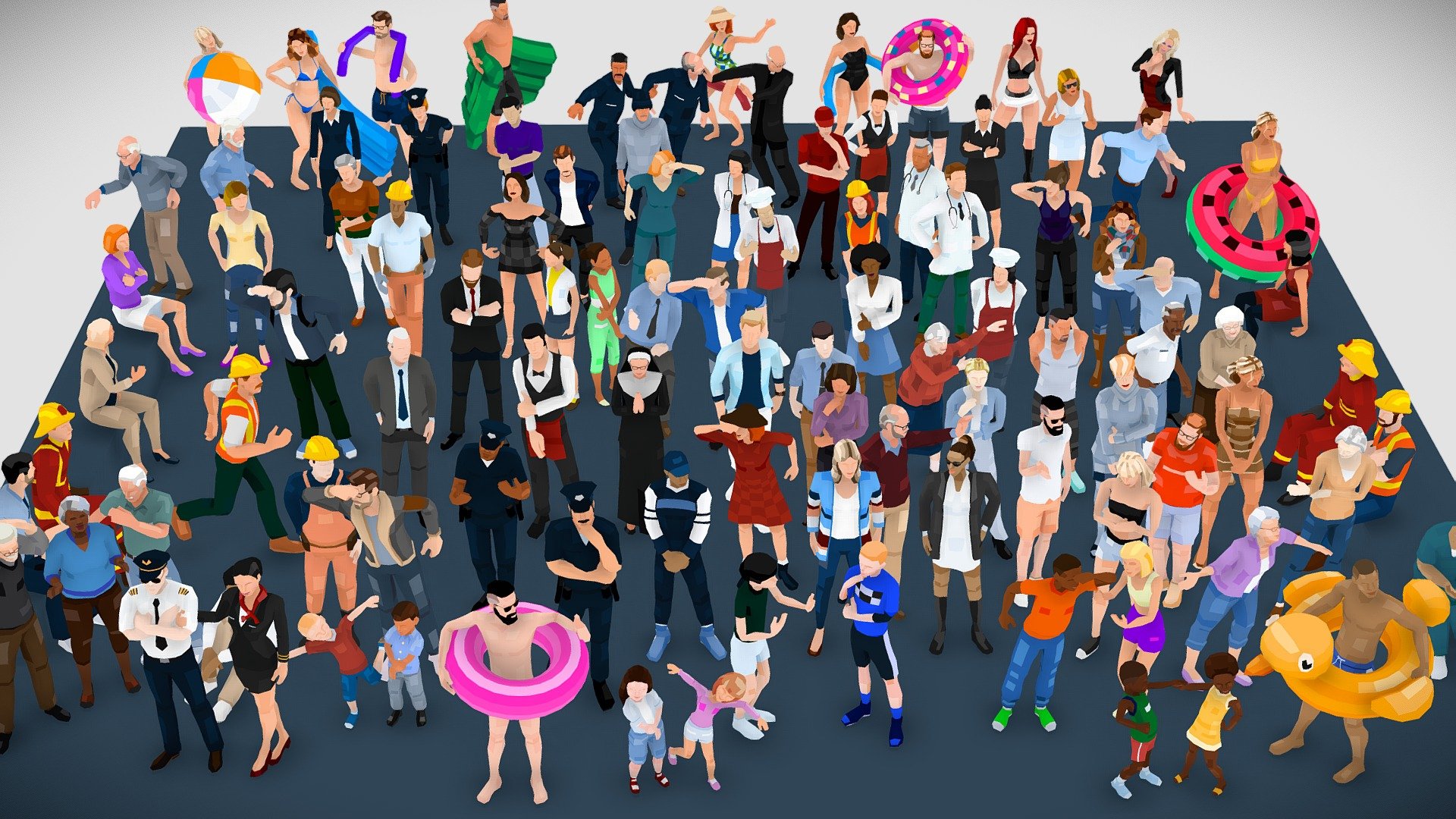 The definitive collection for all your city people needs.

Low Poly Style characters modeled and rigged with 3ds Max Biped+Skin. With exports to .FBX .OBJ and Unity package. The
whole pack uses a single-color palette texture. The UV mapping can be easily modified using my own 3ds Max script: pX Poly Paint .

All individuals are manually crafted to achieve a unique appearance in terms of face, body shape and skin color. With four major age groups: Kids, teens, adults, and elders. This collection is tested and proven to be suitable for illustration and explainer videos, architecture visualizations and WebGL/Mobile/AR/VR applications and games. Free samples available!.




Enjoy! - 100-Mega-Pack LowPoly Rigged People Characters - Buy Royalty Free 3D model by Denys Almaral (@denysalmaral) 3d model