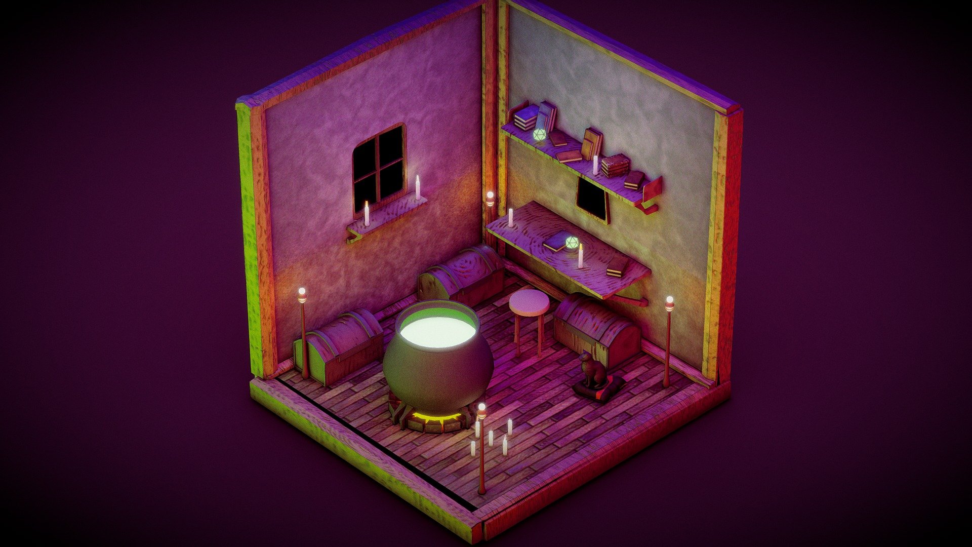 A witch room in isometric view. So i made this for Sketchfab Low Poly Challenge: Isometric Room.
Made using Blender 2.9. All the textures that is used in this model is generated procedurally and later
bake into textures, so that it can be used in sketchfab. If you guys like and wanted to make it available to download then comment on it , i will make it free downloadable. ;) - Isometric Witch Room 3d model