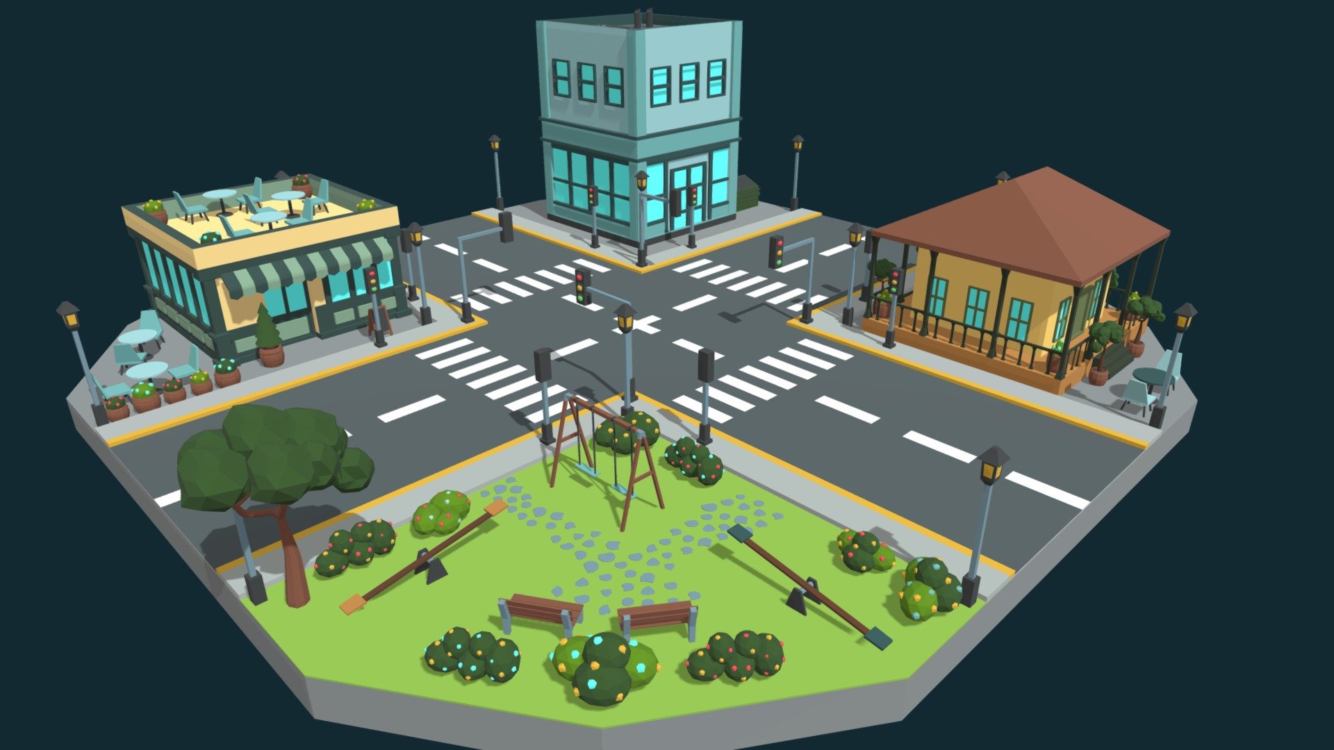 Low Poly Town scene made in Blender that includes: 3 buildings, a park with benches and plants, roads with traffic lights and light poles, tables and chairs 3d model