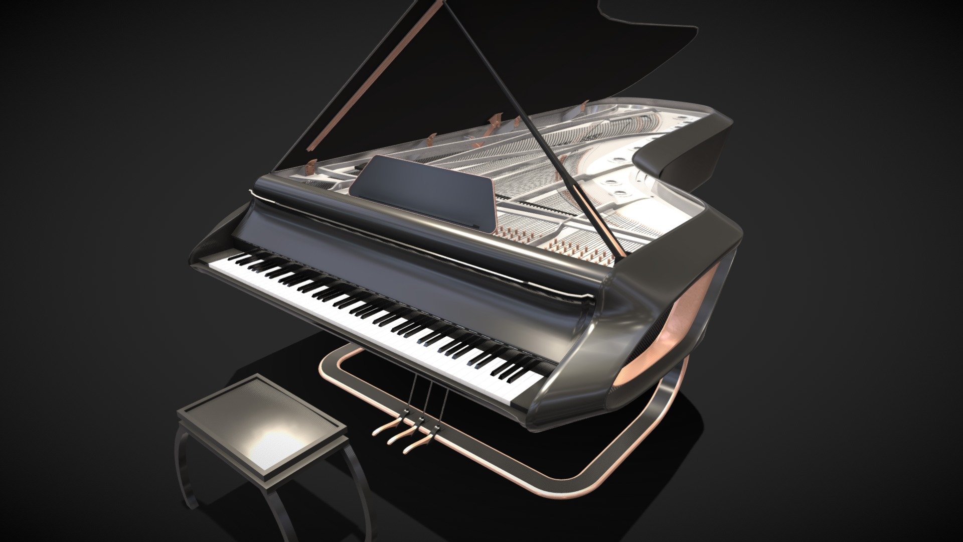A modern piano designed by me. 

More information about the project here : https://www.behance.net/gallery/86665435/Grand-Piano-Design

Animation : The keyboard cover can be opened, and the main cover opens and closes with the associated mechanism. The partition support and the bar that maintain the piano open are rigged too. I isolated and numbered the 88 keys, they move individually. Same of the pedals. Hammers are grouped and can go down by lowering the Y coordinate

High definition textures. Ready to render. -No N-gones (less than 1%) -No Isolated vertices -No Overlapping Faces -No Overlapping vertices -No Flipped Normals High quality fast render. Subdivision ready.

Creating a design from scratch takes way more time than reproducing an existing one. This is why prices are a bit higher than some other products. The advantage is that my designs are royalty free, that means you can use it in any support 3d model