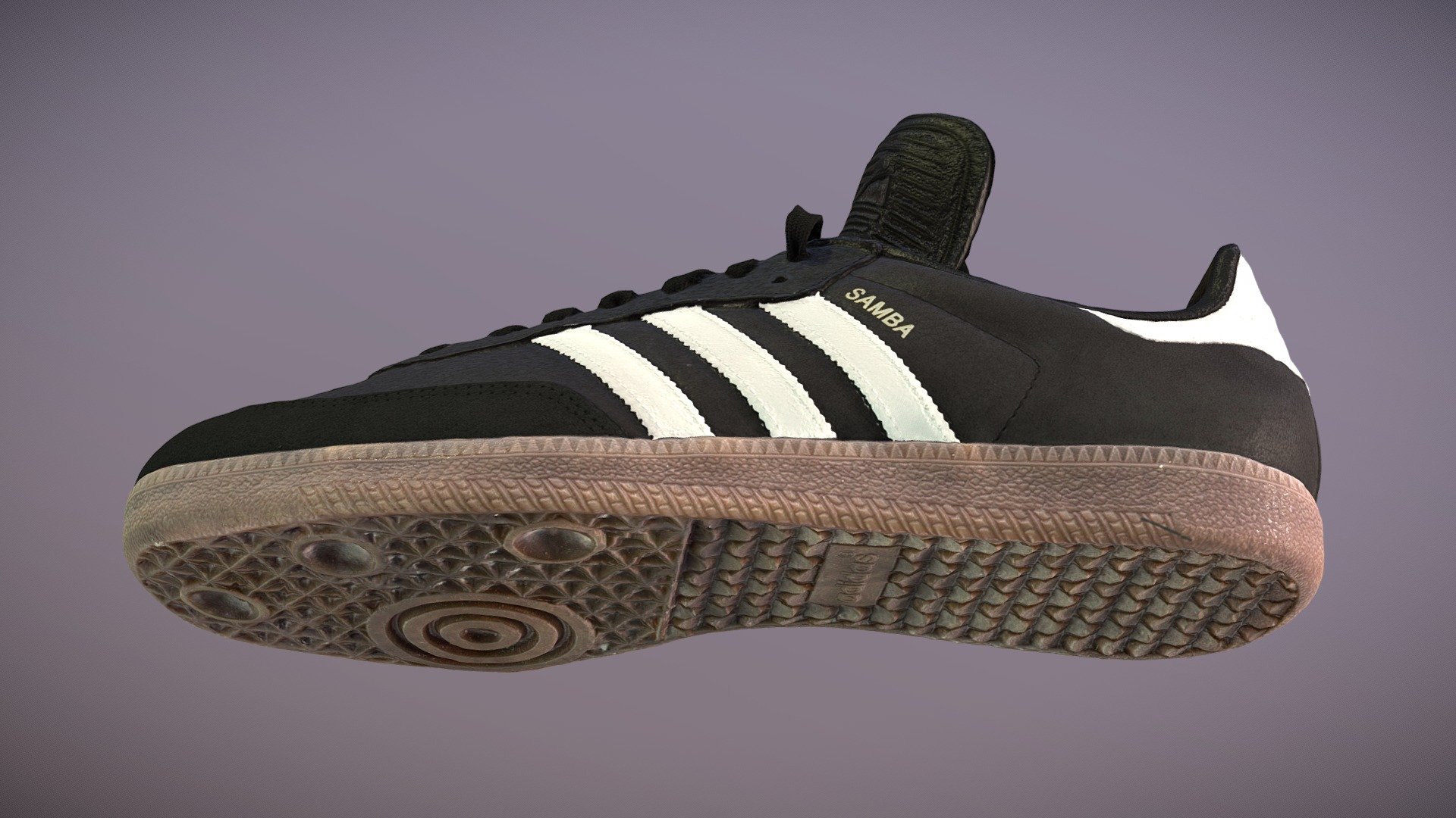 Adidas Samba soccer/football shoe, 3D scanned with a turntable, lots of polarized lights, and a single A7R (613 photos)

Cleanup and retopology to quads in ZBrush. PBR workflow in Photoshop to create specularity, roughness, and metal maps.

High polygon (~3.2M poly) version of model and textures is included.

Full textures are 8K x 8K and low poly textures are at 2K x 2K 3d model