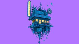 Donut Cafe cat, cafe, bird, cyberpunk, shadeless, donut, sketchfabweeklychallenge, substancepainter, maya, handpainted, robot, futuristic-building