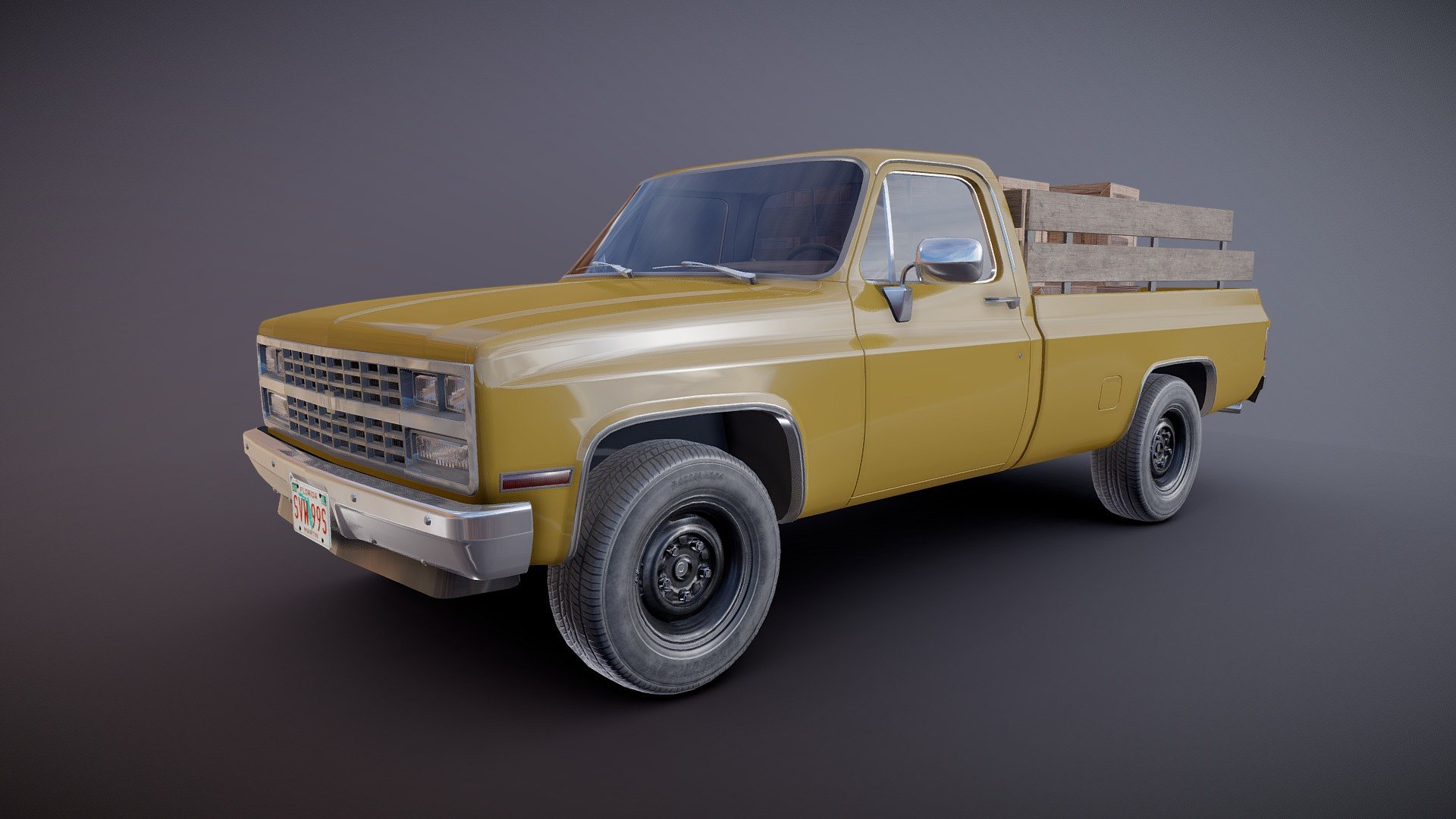 Farmer pickup truck game ready model.

Full textured model with clean topology.

High accuracy exterior model.

Different tires for rear and front wheels.

High detailed cabin - seams, chrome parts, wipers, mud flaps and etc.

Lowpoly interior - 2855 tris 1652 verts

Wheels - 11292 tris 6104 verts

Full model - 47180 tris 27644 verts.

High detailed rims and tires, with PBR maps(Base_Color/Metallic/Normal/Roughness.png2048x2048 )

Model ready for real-time apps, games, virtual reality and augmented reality.

Asset looks accuracy and realistic and become a good part of your project 3d model
