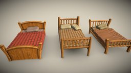Set of stylized beds with pillow and blanket PBR and, beds, bed, bedroom, set, pillow, unreal, with, blanket, furniture, substancepainter, substance, unity, blender, pbr, gameart, wood, stylized, fantasy, interior, of