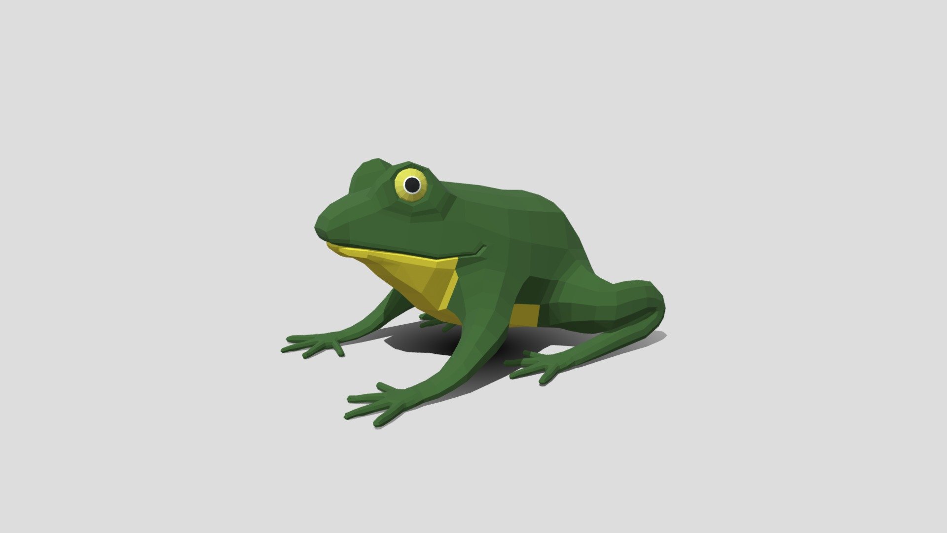 This is a low poly 3D model of a Frog. The low poly frog was modeled and prepared for low-poly style renderings, background, general CG visualization presented as 2 meshes with quads/tris.

The eyes, is a seperate object.

Verts : 1.939 Faces : 1.968

The 3D model have simple materials with diffuse colors.

No ring, maps and no UVW mapping is available.

The original file was created in blender. You will receive a 3DS, OBJ, FBX, blend, DAE, Stl, gLTF.

All preview images were rendered with Blender Cycles. Product is ready to render out-of-the-box. Please note that the lights, cameras, and background is only included in the .blend file. The model is clean and alone in the other provided files, centred at origin and has real-world scale 3d model