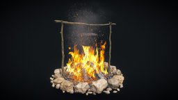 Bonfire with pot 1 pot, camp, fire, iron, cooking, tripod, bonfire, campfire