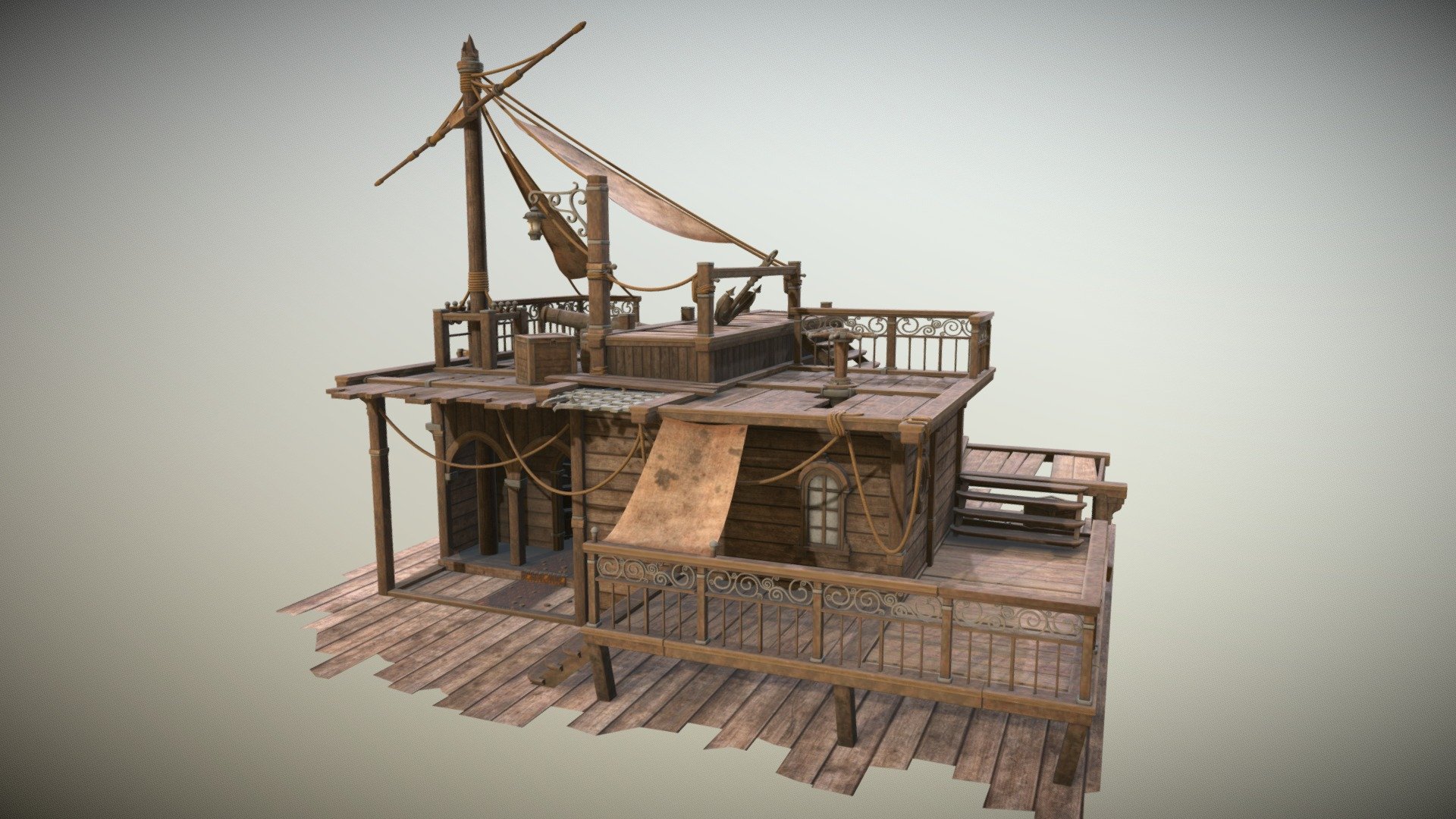 This model was baked. There is no way for me to fix the UV mapping as I do not have the source files anymore. This means that this model can't be easily retextured! However all the props that were used for this scene are available in the asset pack Harbour Pack on the UE4 marketplace.

Wooden house made of old ship parts, stylized and fantasy scene uses simplified, baked models.

my website:
https://conradjustin.com/portfolio/

my twitter:
https://twitter.com/ConradJustinArt

my Artstation:
https://www.artstation.com/conradjustin - Shipwreck turned into hideout - Download Free 3D model by Conrad Justin (@ConradJustin) 3d model