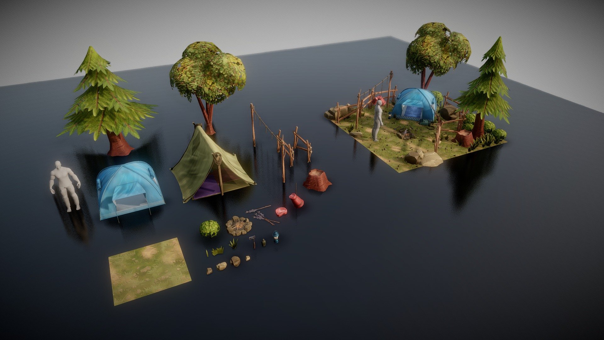 Alone at the other area. Trying to survive, setting a temporary camp and using recources nearby.
This asset is best for a top-down game. It's already optimized to fits into your scene. So you can also apply this asset to variety of games.
This Package contains :




20633 objects (Including the sample scene and particle system)

42486 vertices

84449 edges

42216 polygons

82094 tris

For further business or information about 3D Assets, You can contact me on my Instagram. I put the link in my bio. You can also write your comment on my asset post.
Thank you for visiting 3d model