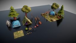 Campfire Pack landscape, tent, down, exterior, top, camp, ready, survival, props, 3d-model, game-asset, game, blender, pbr, lowpoly, stylized, noai