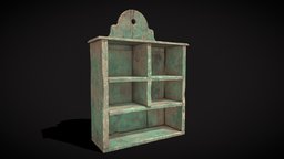 Rustic Green Painted Wood Shelf cg, shelf, viking, medieval, cabin, furniture, 4k, cabinet, pbr