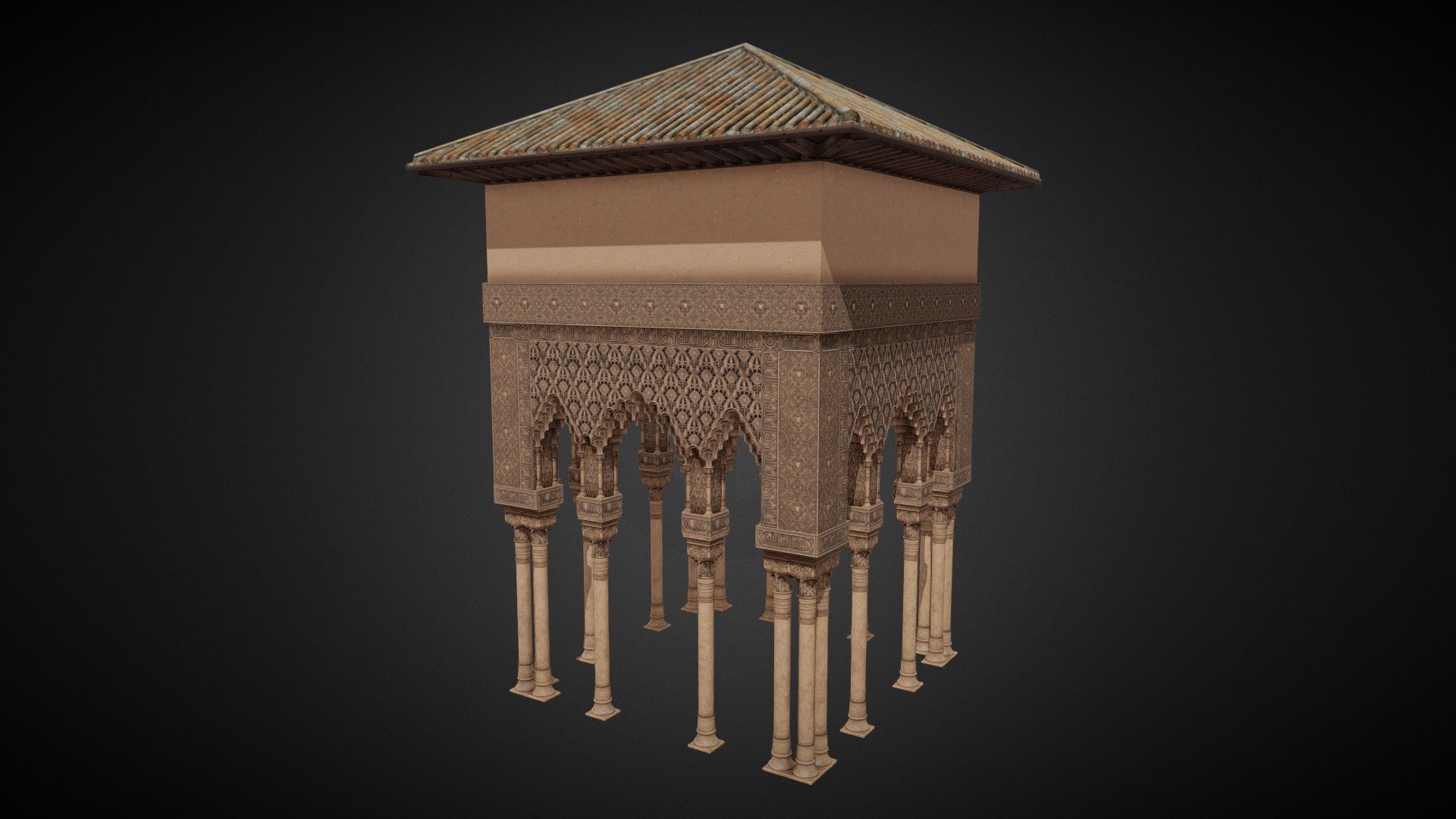 An isolated piece of the porticato around the Court of the Lions in the palace of Alhambra (Granada, Spain), reconstructed from pictures.

It is not accurate of course, the amount of different engravings present is hard to replicate from grainy pictures and then put on a handful of materials, but I'm very satisfied of the final result and the proportions should be very close to the real place.

Main detail are the muqarnas, geometrical pieces used to form arches and domes 3d model
