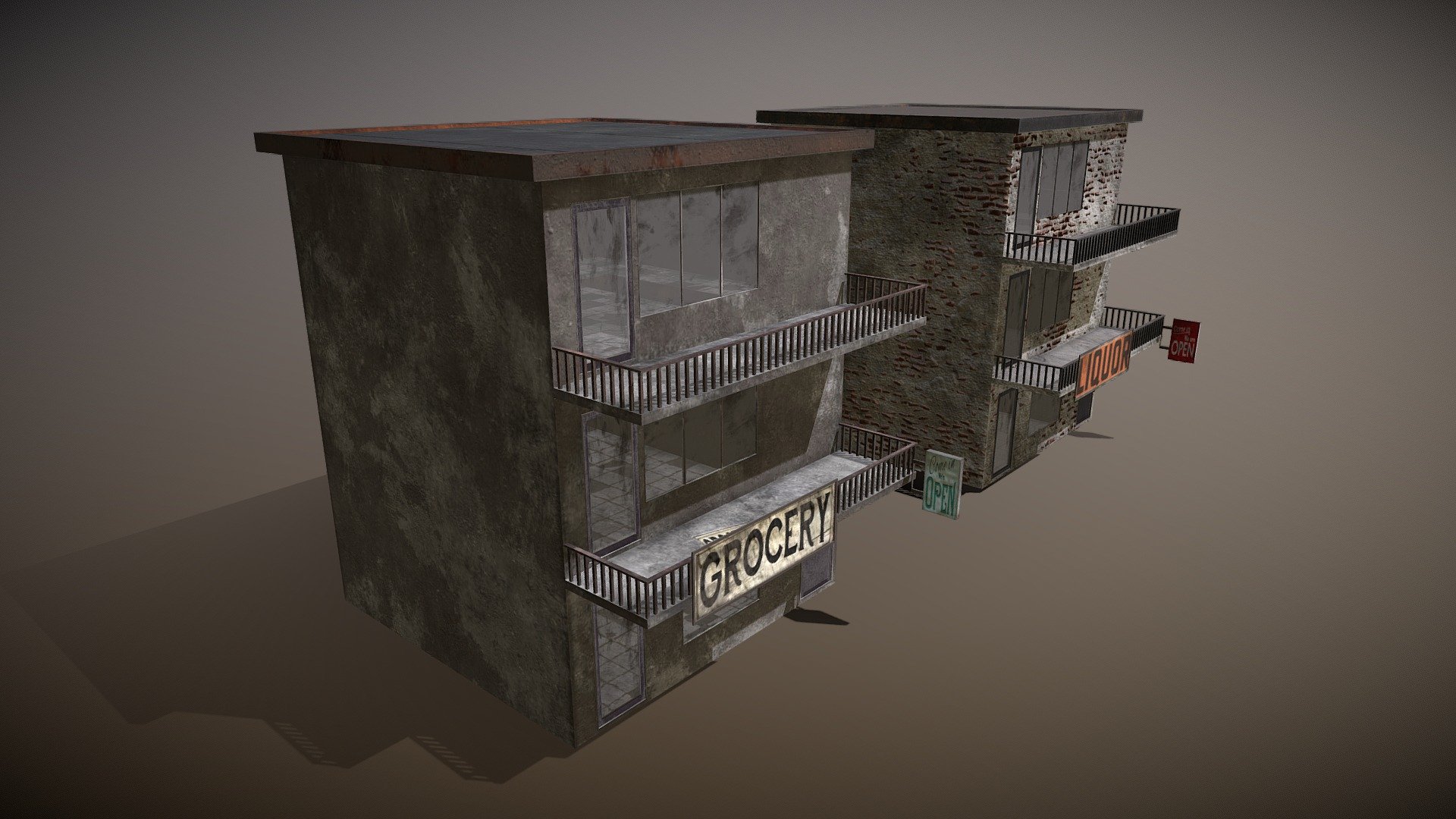 Two abandoned houses, they are enterable, the glass and doors and signs are own meshes and there is an extra archive where all is set to pivot so you can put them together as you wish.
There is one 2048 material per house mesh and the rest has 1024 material 3d model