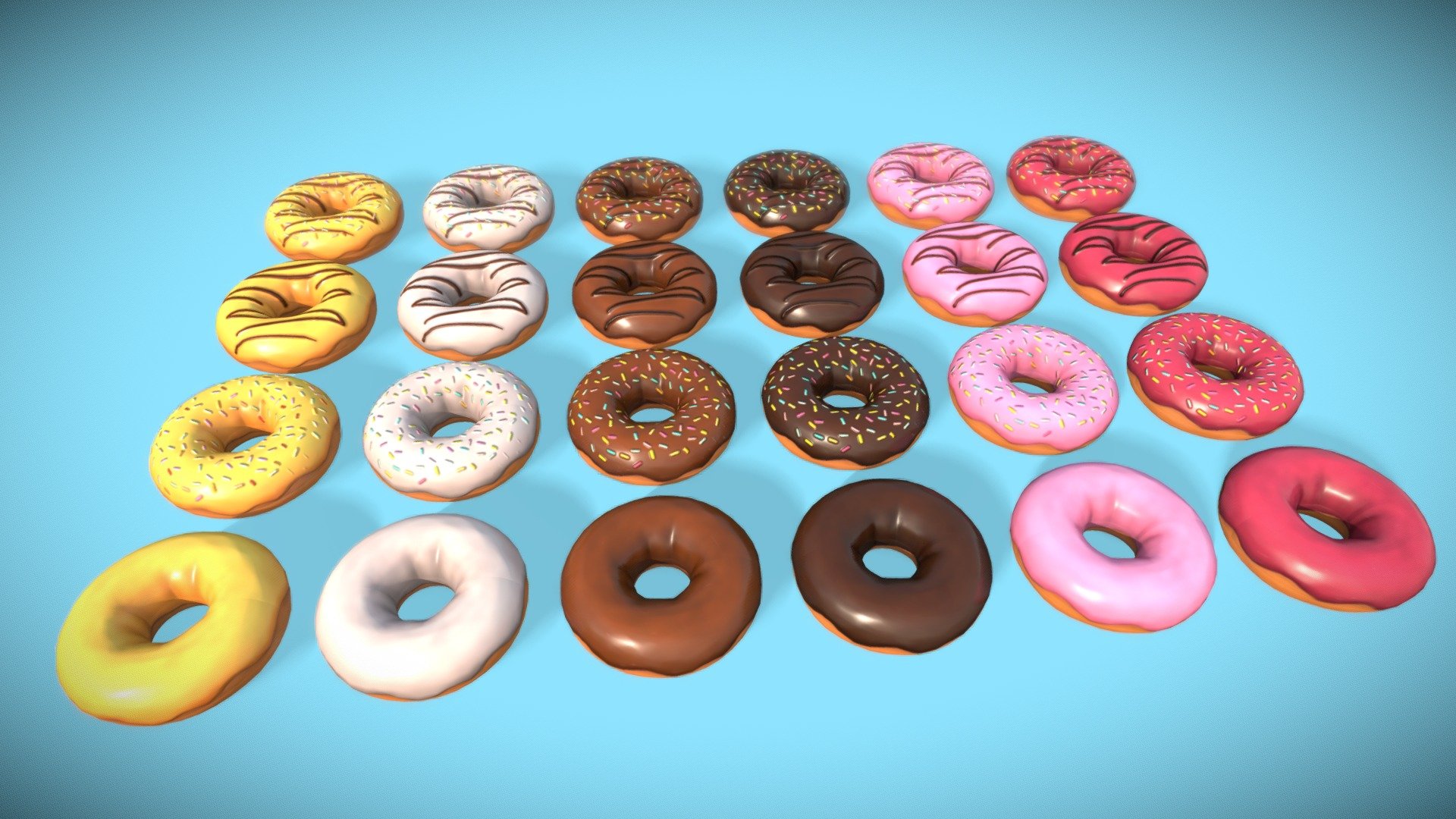 This delicious pack of donuts consists of 6 flavors: Banana, Cream, Cherry, Chocolate, Dark chocolate, and Strawberry. Each flavor has 4 variations: Plain, sprinkles, chocolate, and a chocolate sprinkles combination giving it a total of 24 different donuts! 

The donuts are game ready with PBR textures 3d model