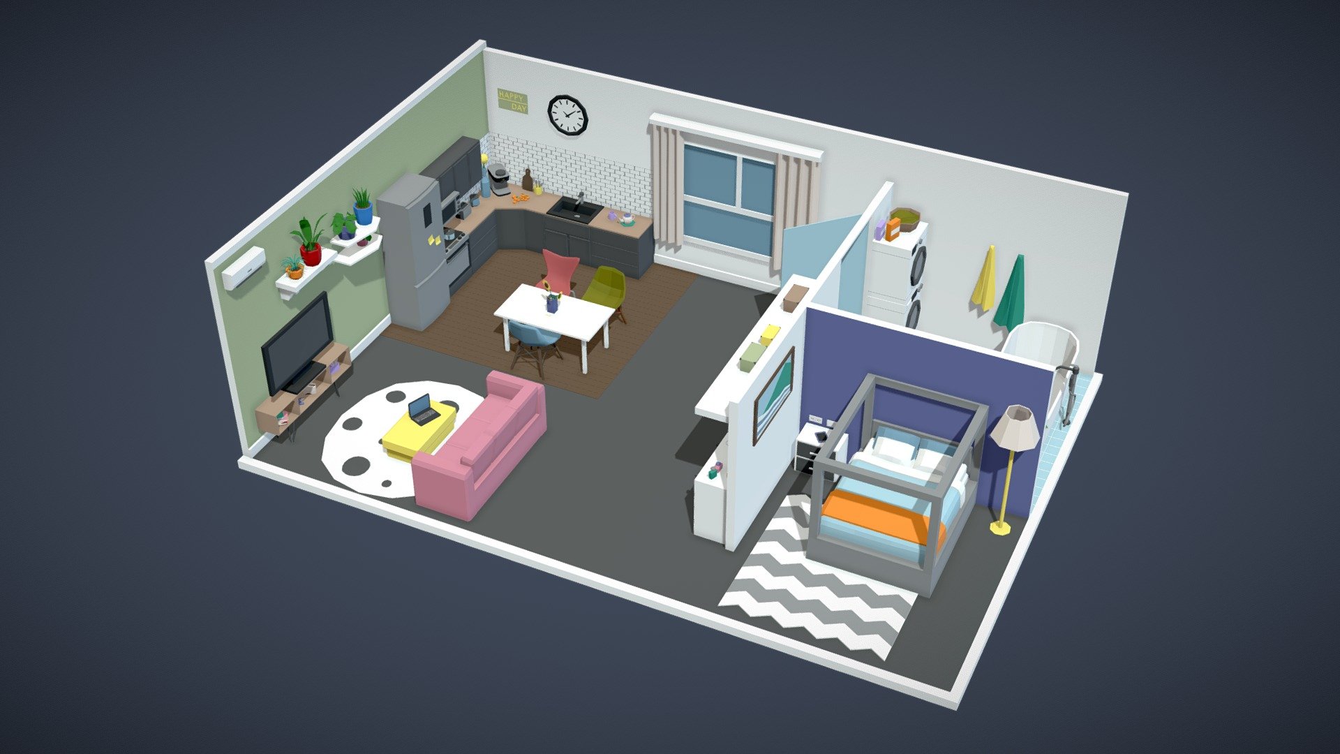 Low Poly Apartment n2 part of Low Poly Apartments Pack / Interiors download here

One texture (2048/1024/512/256/128px) and one material are used for the whole set

366 k triangles full set

Interior props: baths, curtains, kitchen sets, kitchen props, lights, props, room furniture, doors, floors, stairs, walls, windows, cabinets, beds, sofas, tables, chairs, plants, paintings, electronics, clothes, refrigerators, interior appliances, household appliances and much more!

Files: Unity  Unreal Engine 5 package (is compatible with version UE 5.1)  Blender  fbx  obj  glTF

This pack is a collection of 860 low poly assets to easily create your top any quality room, any apartment/house. 10 apartments included!

Can be used for games, rendering, advertising. The pack allows you to build any interior to your liking!

If you have any questions feel free to contact me - Low Poly Apartment n2 - 3D model by Mnostva 3d model
