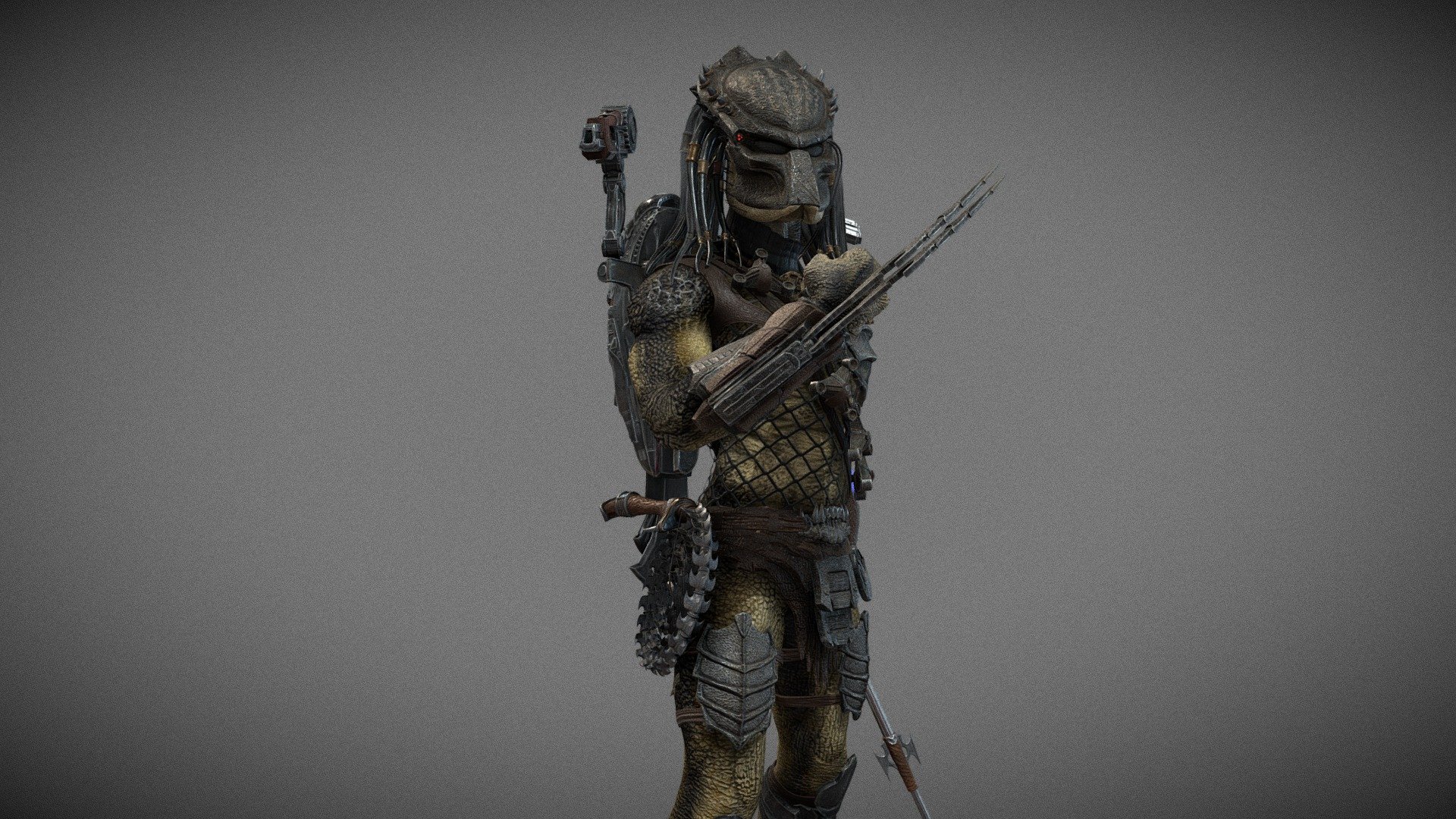 Wolf Predator is a combat veteran, my favorite Predator character I've ever seen. He is very cruel, he has many types of weapons, including his deadly whip with which the Wolf slashes aliens, he has two plasma cannons (attached to armor on the forearms), a pair of blades that dissolve liquid (attached to a bag on his shoulder). belt), bandolier
shuriken, spear.
His height is 2.5 meters, and he is very strong, because in one of the scenes in the film he was holding two aliens with both hands.
His mask is engraved with the words from the code “Crime, Punishment, Death! Do not look for the black warrior, he will find you ”, which refers to the inquisitors. Texture map resolution 4096
x 4096 px

If you need Wolf_Predator in A Pose,  you can text to mee on email wolfpred280@gmail.com
Model is not free - Predator Wolf from AvP:REQUIEM - 3D model by Artem Yaroshenko (@ArYar3D) 3d model