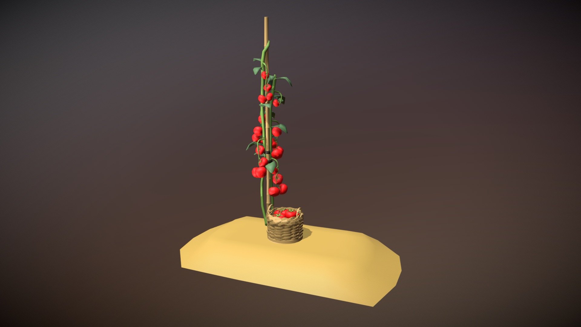 Part of a small gardening set. This is a model of a tomatoplant, together with a small basket full of tomatos. Can be used as a prop in animation 3d model