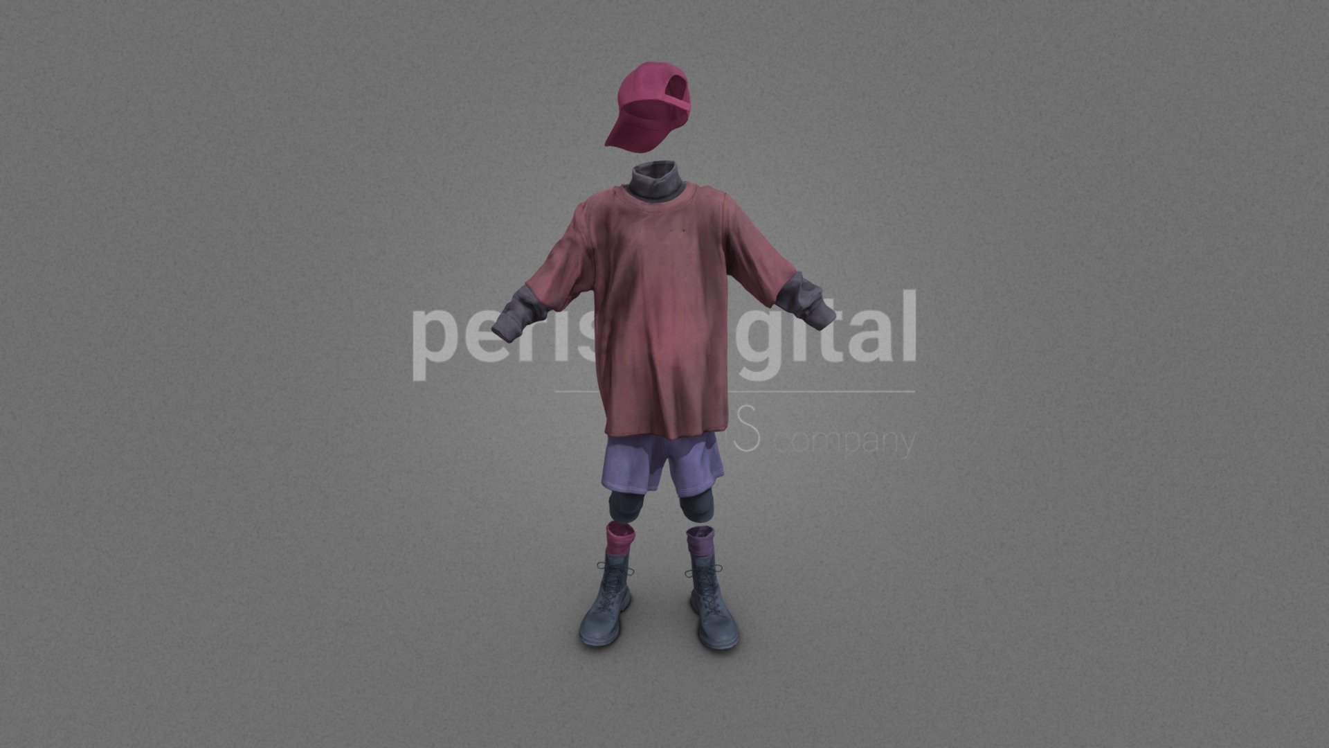 Red cap, grey sweater under a red shirt, violet short pants, different color sockers and black boots.

PERIS DIGITAL HIGH QUALITY 3D CLOTHING They are optimized for use in medium/high poly 3D scenes and optimized for rendering. We do not include characters, but they are positioned for you to include and adjust your own character. They have a LOW Poly Mesh (LODRIG) inside the Blender file (included in the AdditionalFiles), which you can use for vertex weighting or cloth simulation and thus, make the transfer of vertices or property masks from the LOW to the HIGH model. We have included in AddiotionalFiles, the texture maps in high resolution, as well as the Displacement maps in high resolution too, so you can perform extreme point of view with your 3D cameras. With the Blender file (included in AdditionalFiles) you will be able to edit any aspect of the set . Enjoy it!

Web: https://peris.digital/ - Urban Series - Street Boy 01 - Buy Royalty Free 3D model by Peris Digital (@perisdigital) 3d model