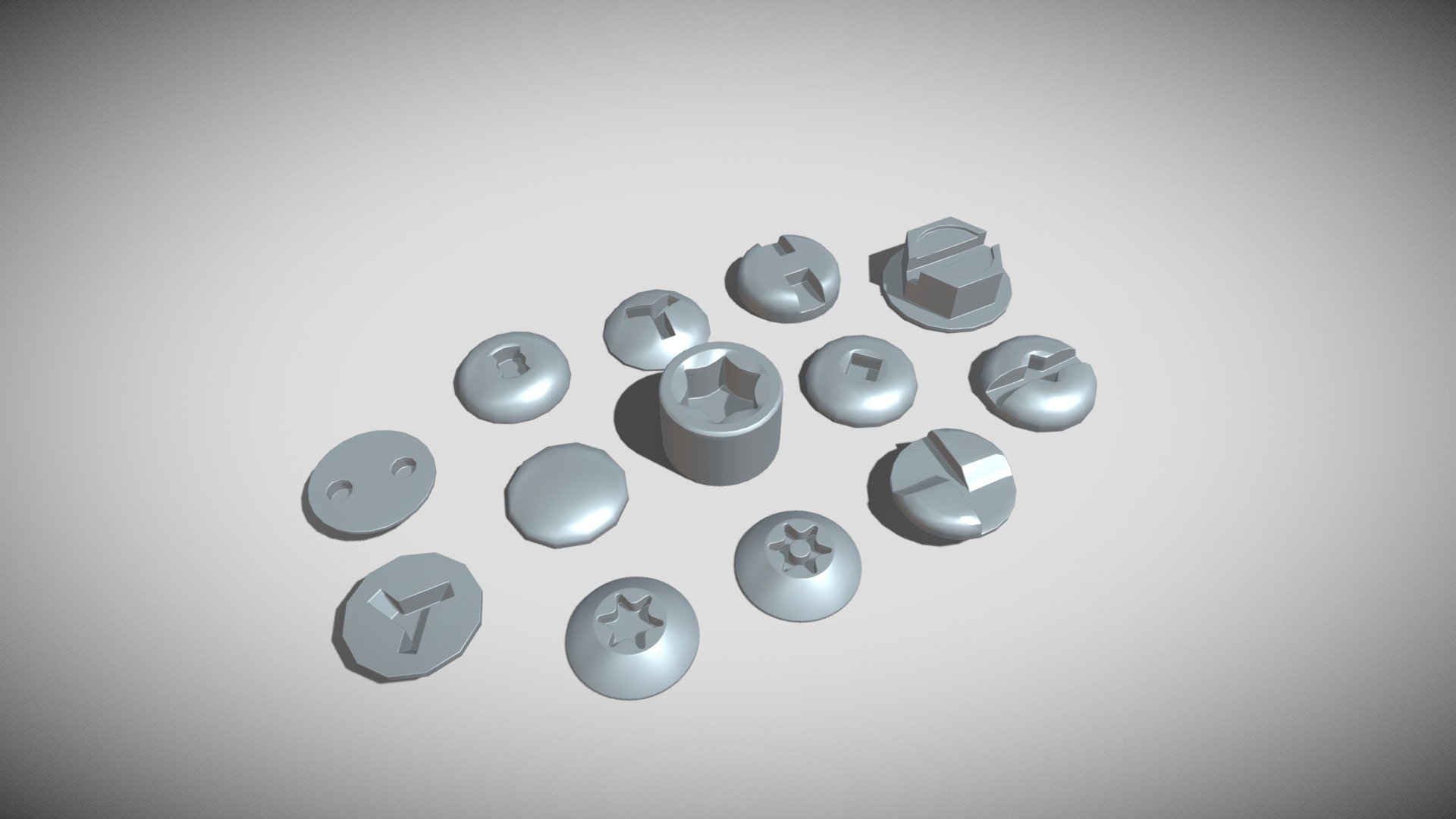 This pack contains 13 detailed models of different types of screw heads, modeled in Cinema 4D.The models were created using approximate real world dimensions.

An additional file has been provided containing the original Cinema 4D project files, textures and other 3d export files such as 3ds, fbx and obj 3d model
